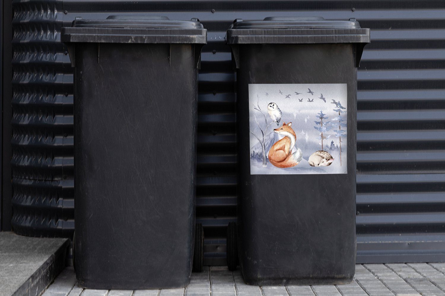 Sticker, Abfalbehälter St), Wandsticker - Fuchs Mülltonne, Gemälde MuchoWow Container, Mülleimer-aufkleber, - (1 Winter