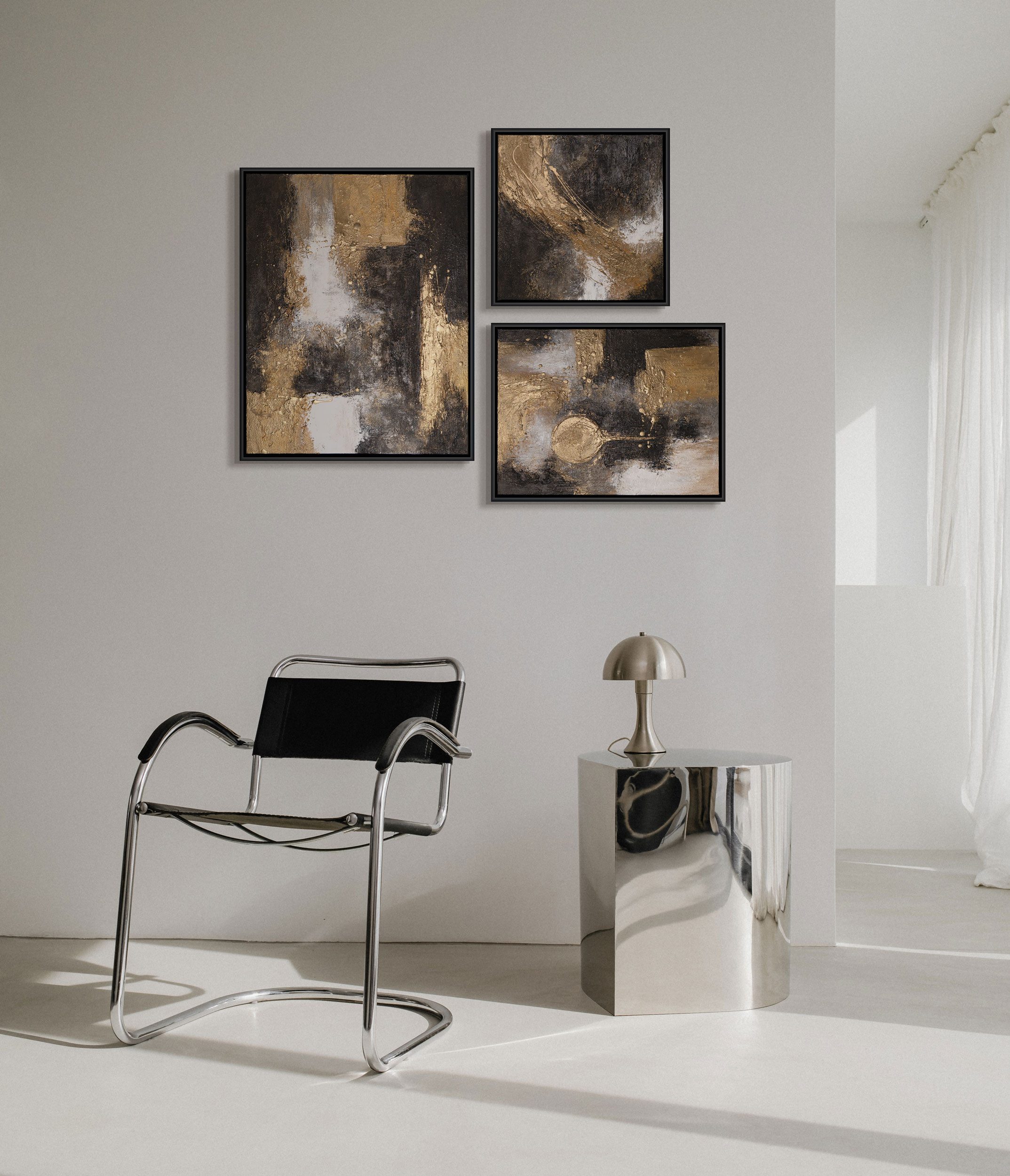 YS-Art Gemälde "Impuls", Abstrakte Kunst (Set, 3 St), Luxuriöses Wandbilder Set in Schwarz-Gold mit abstrakten Strukturen