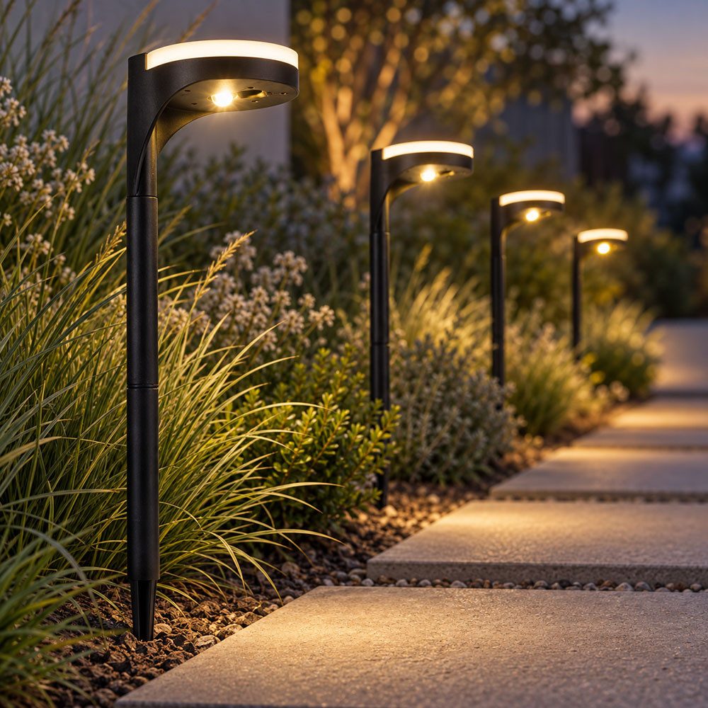 Expo Börse LED Solarleuchte, LED-Leuchtmittel fest verbaut, Warmweiß, Solarleuchte Außenlampe Steckleuchte LED Erdspieß schwarz Garten 4x