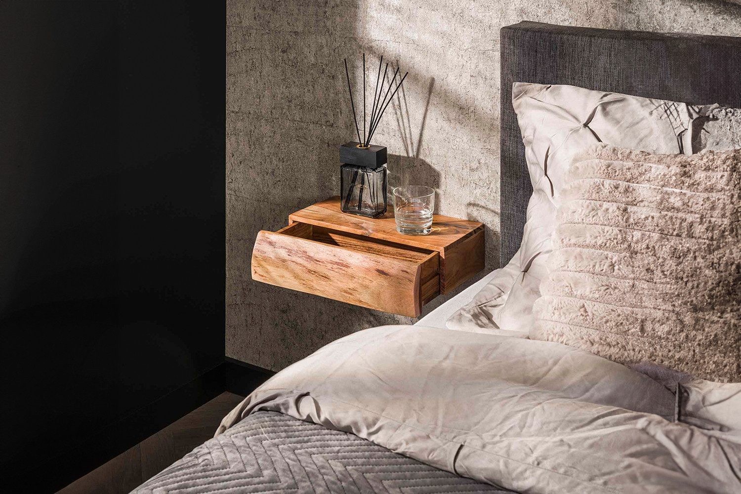 KAWOLA Nachttisch SESA (Set, 2-St), hängend Akazie massiv natur 1 Schublade