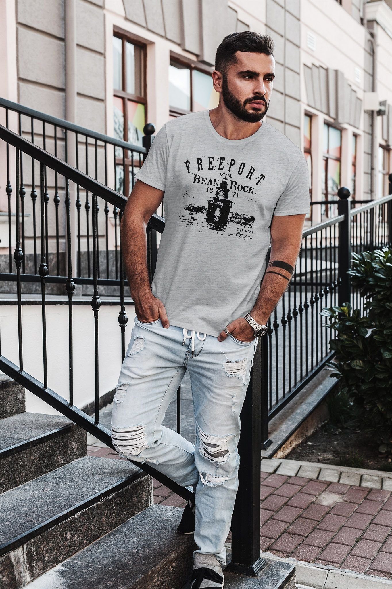 Fashion Herren Neverless® Neverless Print Freeport Print-Shirt Streetstyle Print grau Schriftzug Motiv Leuchturm T-Shirt Island mit Retro