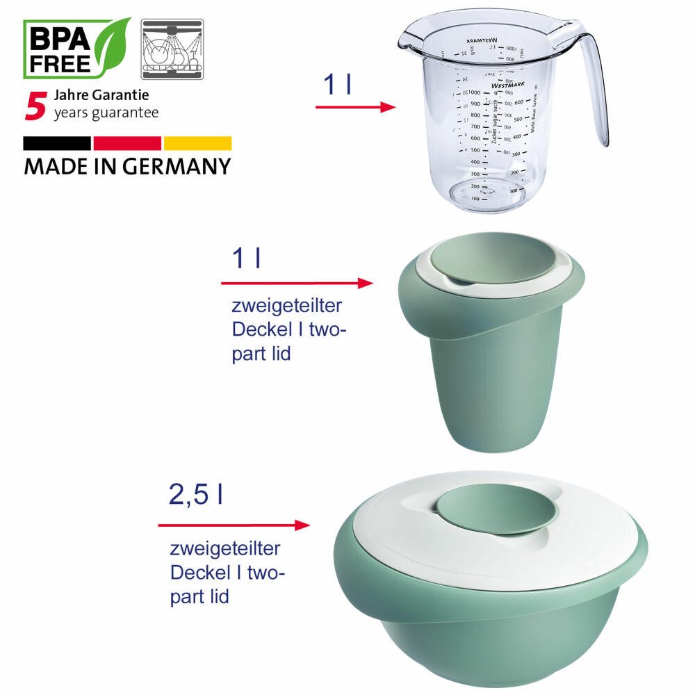 WESTMARK Rührschüssel Backset 3tlg., Rührschüssel 2,5 l + Quirltopf + Messkanne, mint-grün, Kunststoff (PP,PE,SAN), (Set), Set, spülmaschinengeeignet