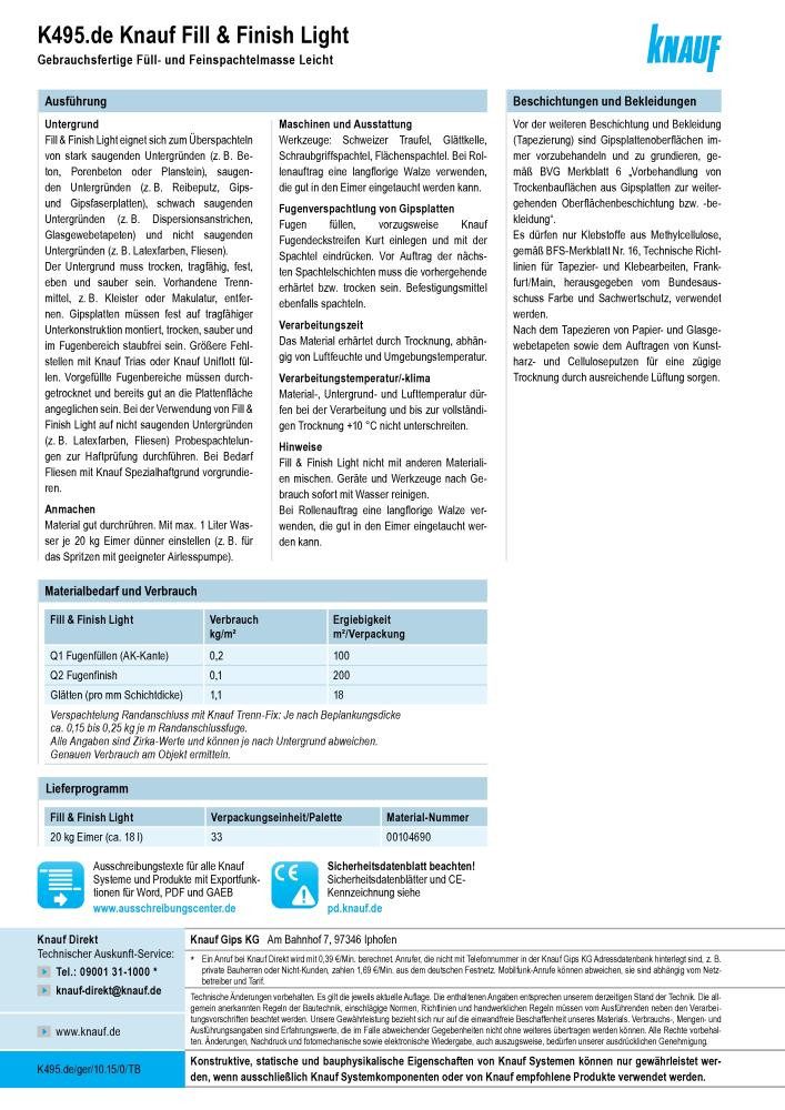 KNAUF Spachtelmasse Knauf Sheetrock Fill & Finish Light Fugenfüller Spachtelmasse 20 kg