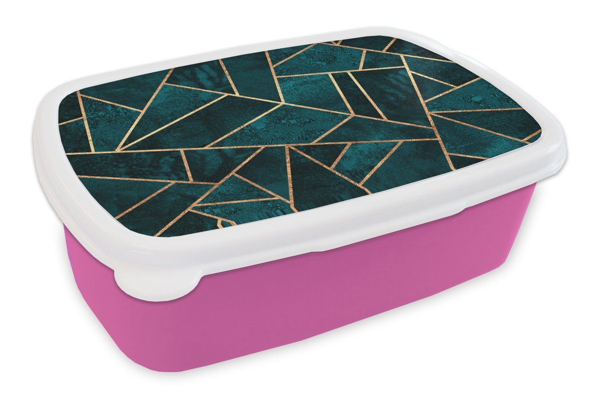 MuchoWow Lunchbox Steine - Gold - Luxus - Muster - Abstrakt, Kunststoff, (2-tlg), Brotbox für Erwachsene, Brotdose Kinder, Snackbox, Mädchen, Kunststoff rosa