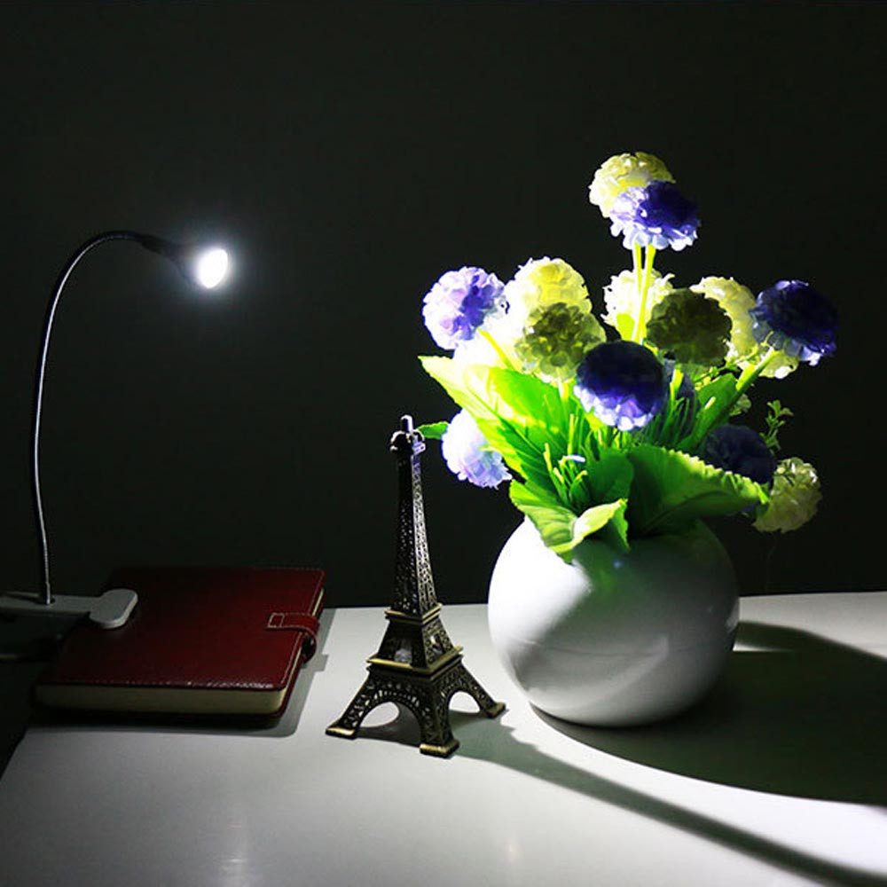 Rosnek LED Klemmtischleuchte LED-Leselicht, Clip-on Schreibtischlampe, USB, Augenschutz, Weißes Licht, Warmes Weiß, Weiße, 360° flexibel Schwanenhals