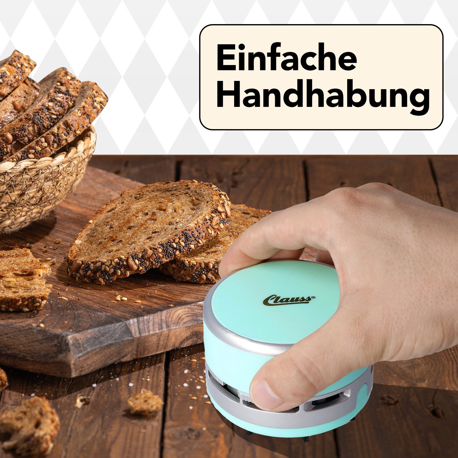 CLAUSS Akku-Handstaubsauger 2Clean Tischstaubsauger Mint, Mini Staubsauger Büro Gadget, Ideal für Büro, Haushalt oder Auto