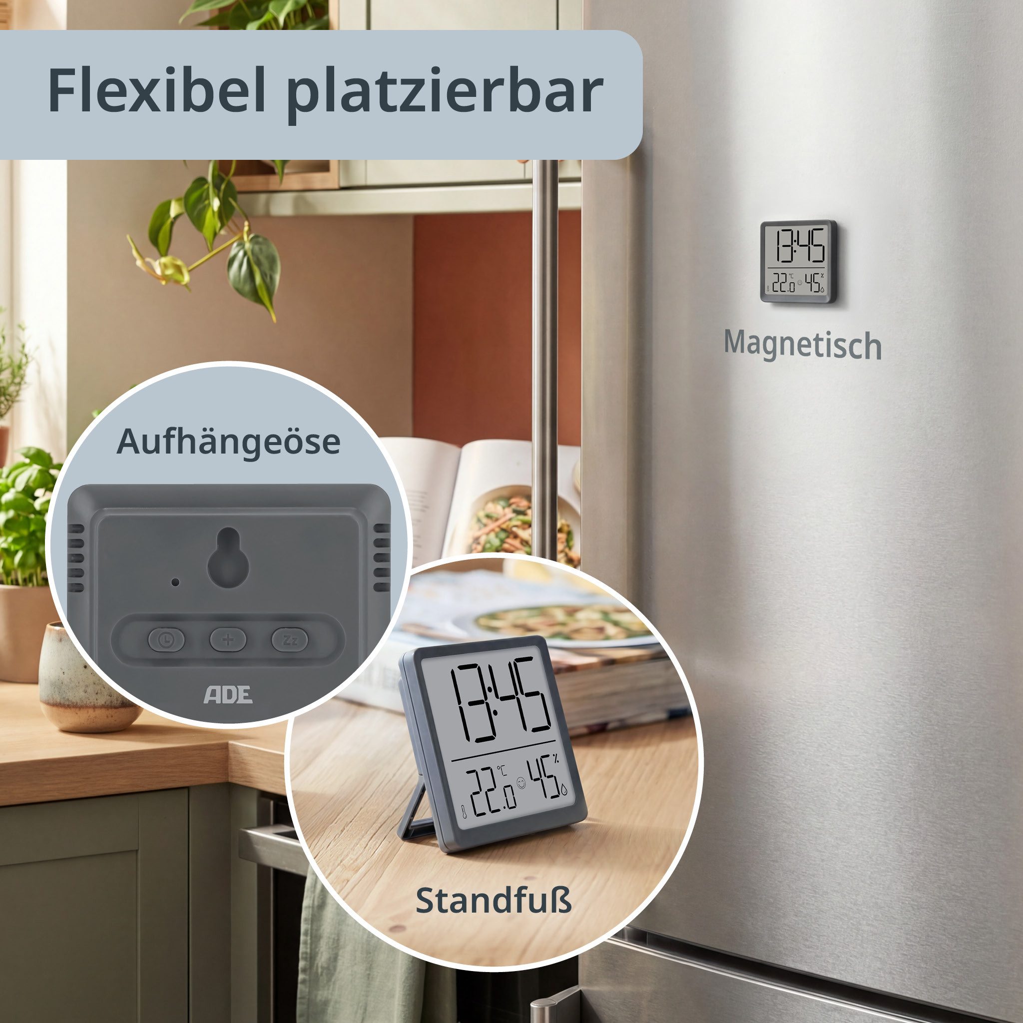 ADE Tischuhr Digitale Uhr mit Temperatur- und Luftfeuchtigkeitsanzeige mit Batterie, Wecker, Schlummerfunktion – Bild 5 von 5