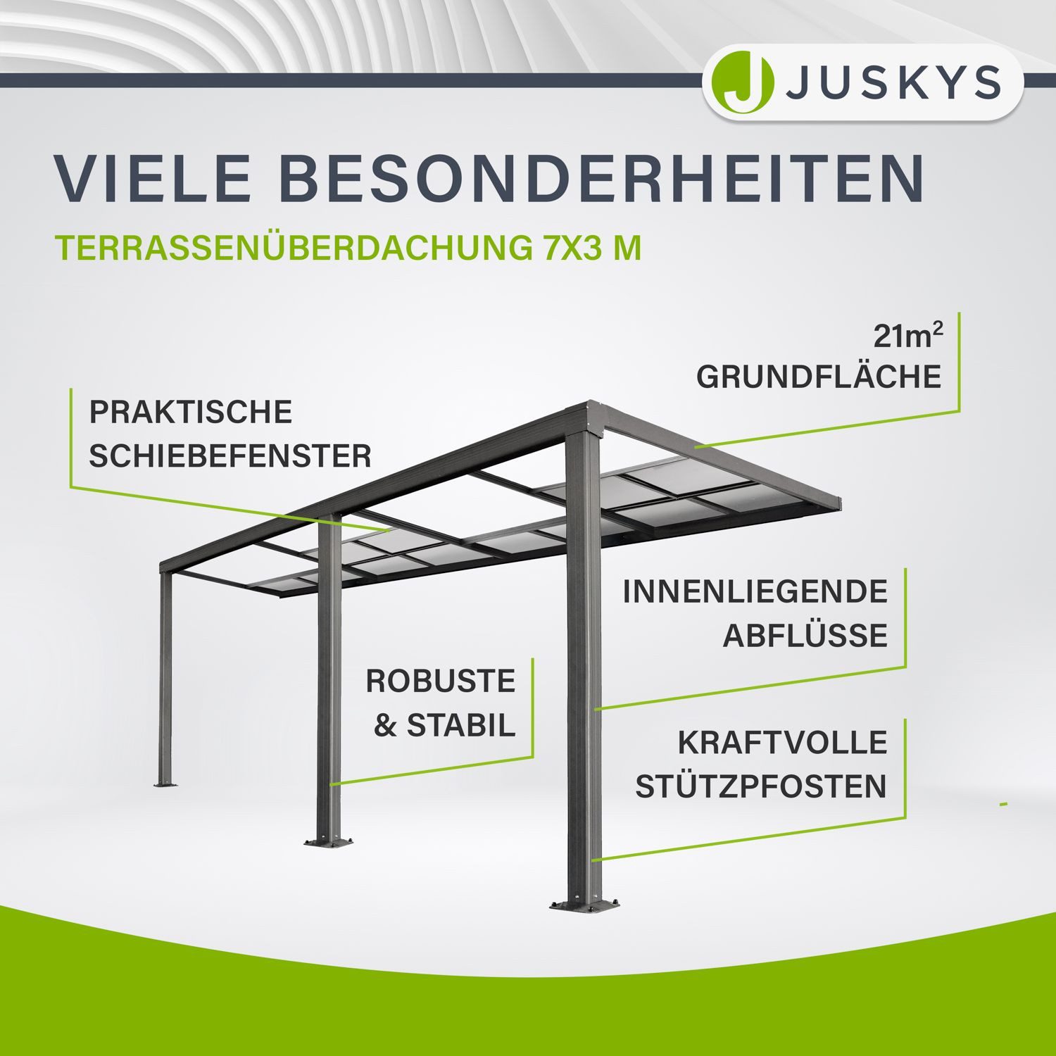 Juskys Terrassendach Jakarta, BxT: 700x300 cm, mit Schiebefenster, inkl. Fallrohr und Fußboden-Verankerung