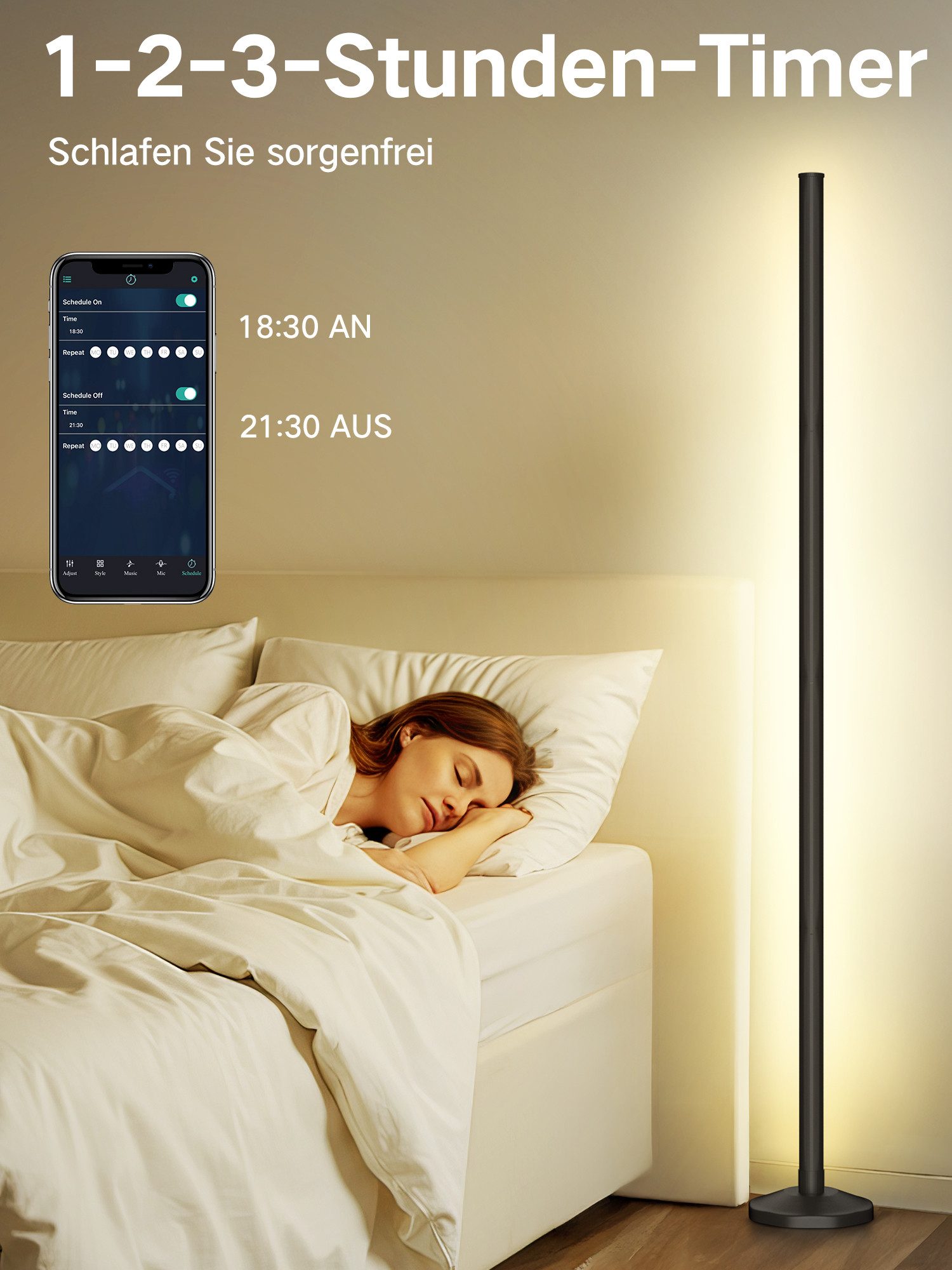 OUTON LED Stehlampe RGBCW Eckstehleuchte 168LEDs Musik-Sync App, Fernbedienung Timer 145cm – Bild 5 von 5