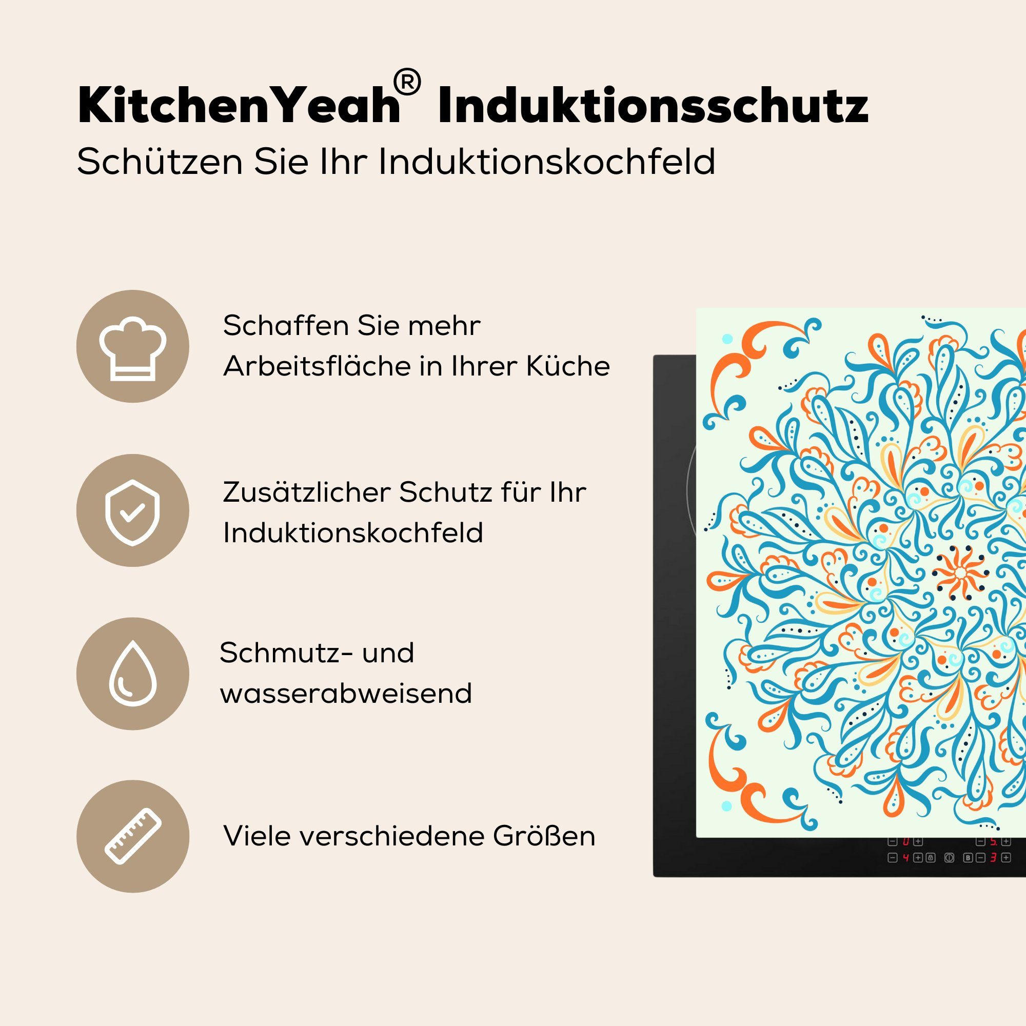 MuchoWow Herdblende-/Abdeckplatte Mandala - Vinyl, Muster, (1 - tlg), Quadrat für cm, 78x78 küche Arbeitsplatte Ceranfeldabdeckung