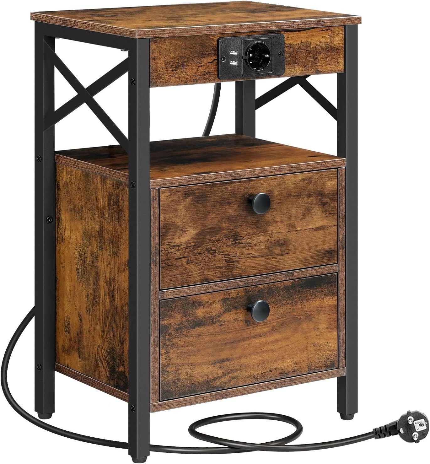 Hoobro Nachttisch Beistelltisch mit Ladestation USB-Anschlüsse mit 2 Klappschubladen (1 Beistelltisch bzw. 1-teilig), Integrierte Ladestation mit 1 Steckdose und 2 USB-Anschlüssen