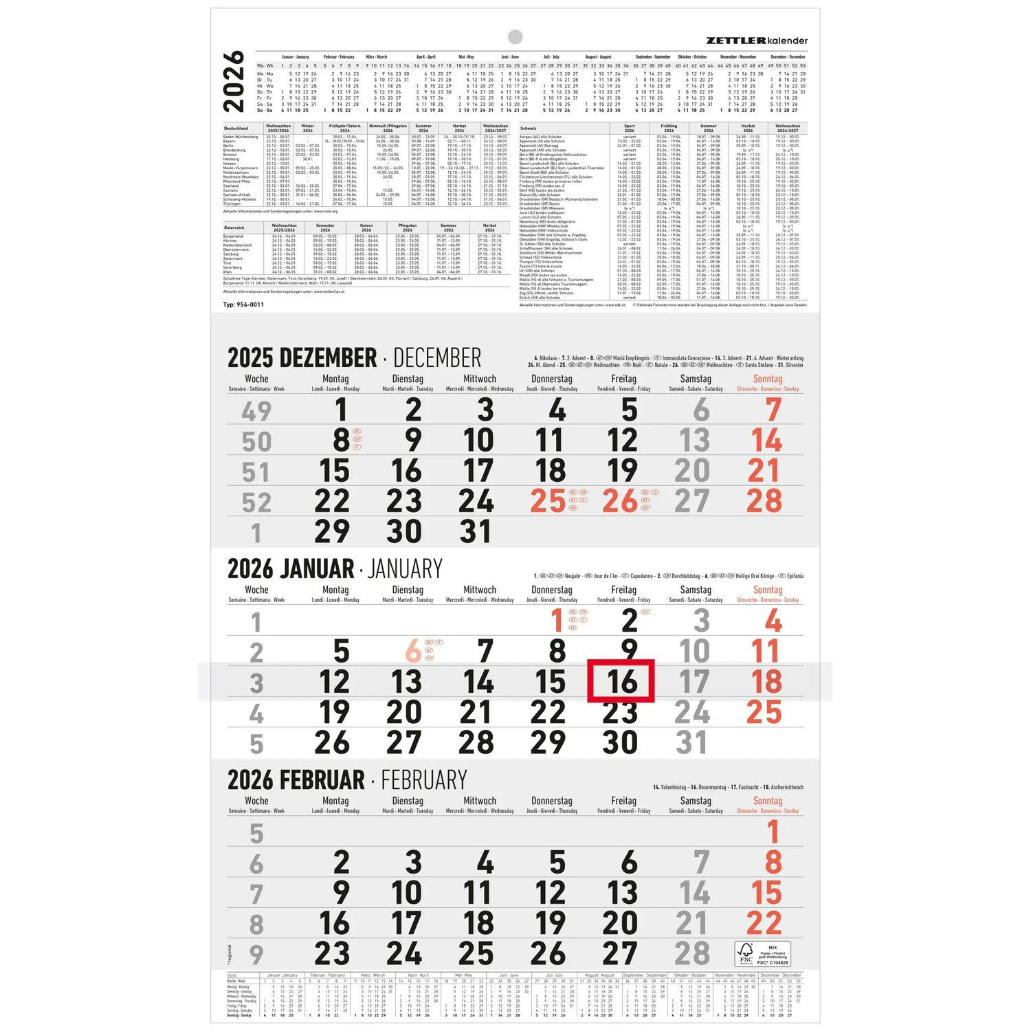 NEUMANN Настенный календарь 3-Monatskalender groß 2026 - Büro-Kalender 30x48,8 cm (geöffnet) -...