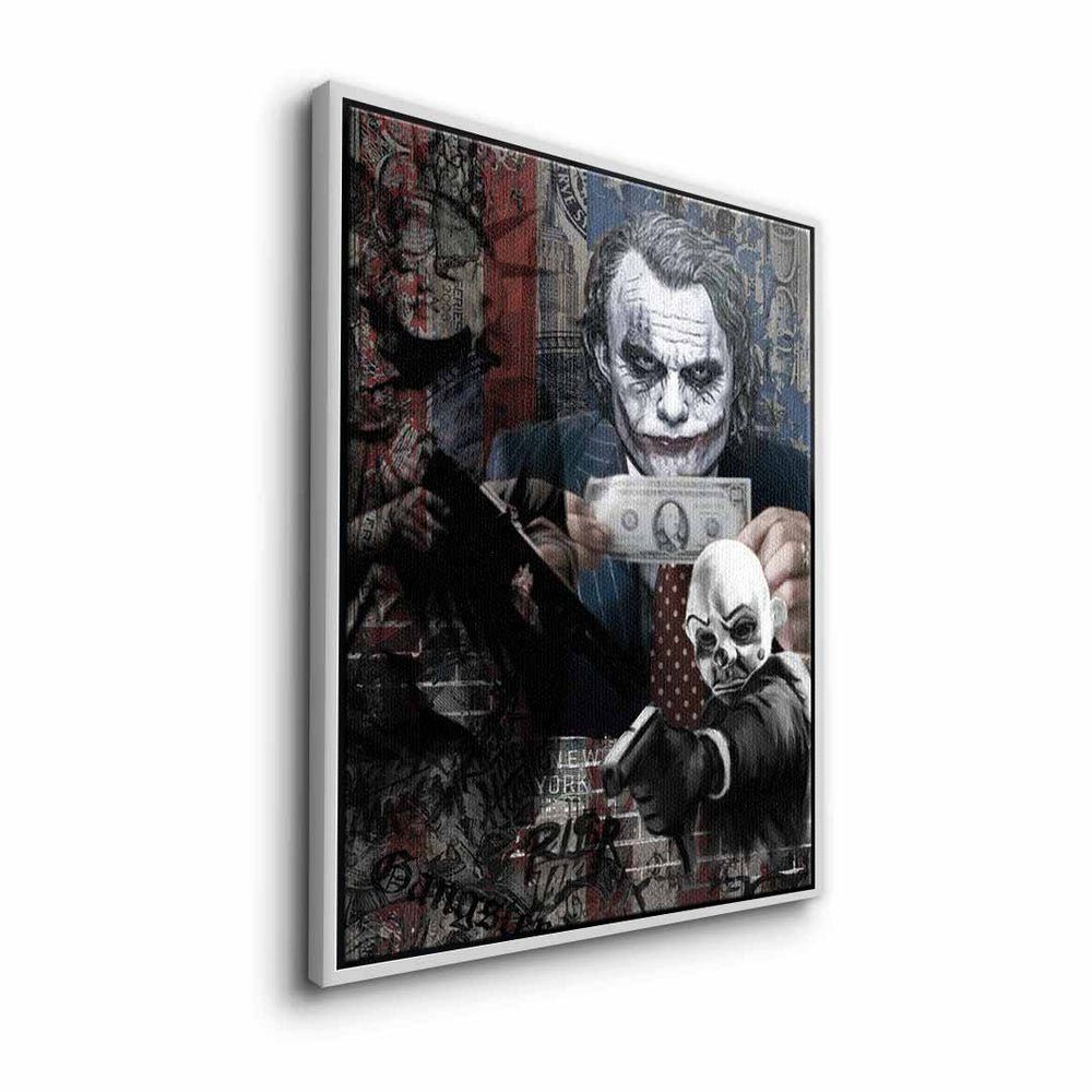 DOTCOMCANVAS® Leinwandbild, Leinwandbild Serious silberner mit Money Joker Rahmen premium Geld Motiv Pop Rahmen Art