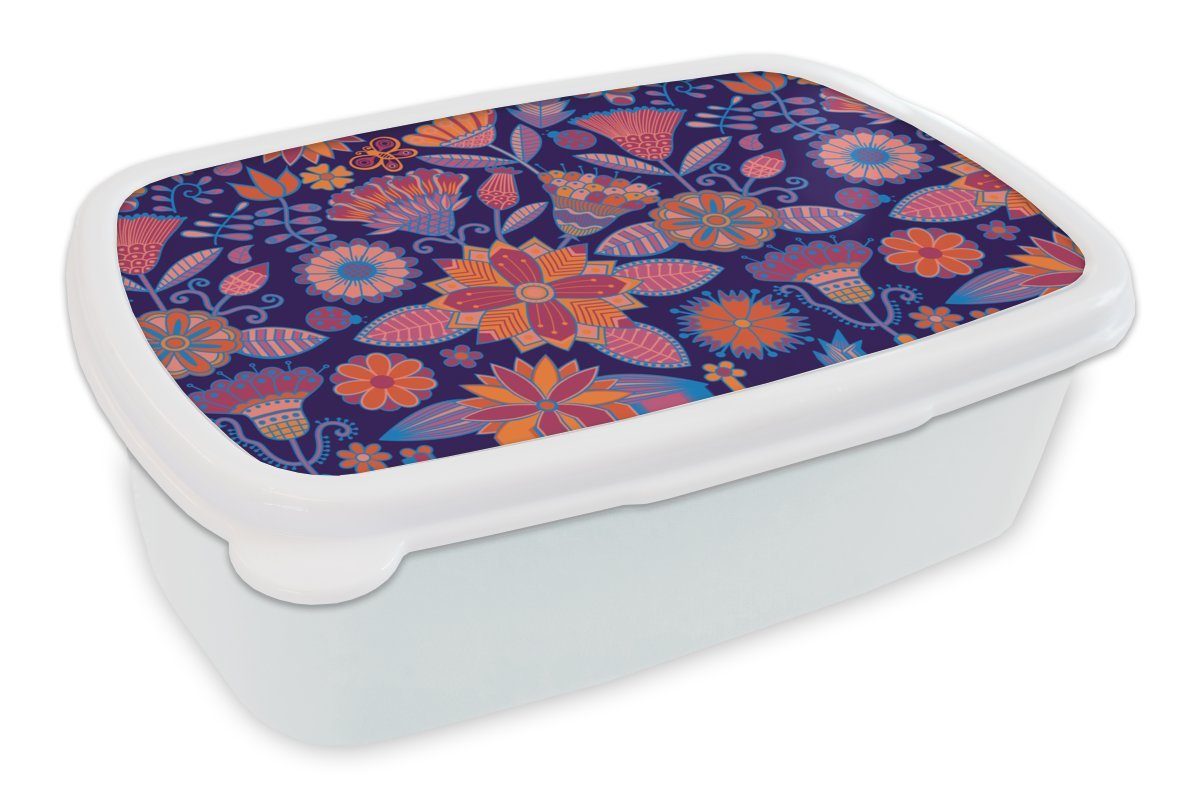 MuchoWow Lunchbox Schmetterling - Blumen - Muster, Kunststoff, (2-tlg), Brotbox für Kinder und Erwachsene, Brotdose, für Jungs und Mädchen weiß