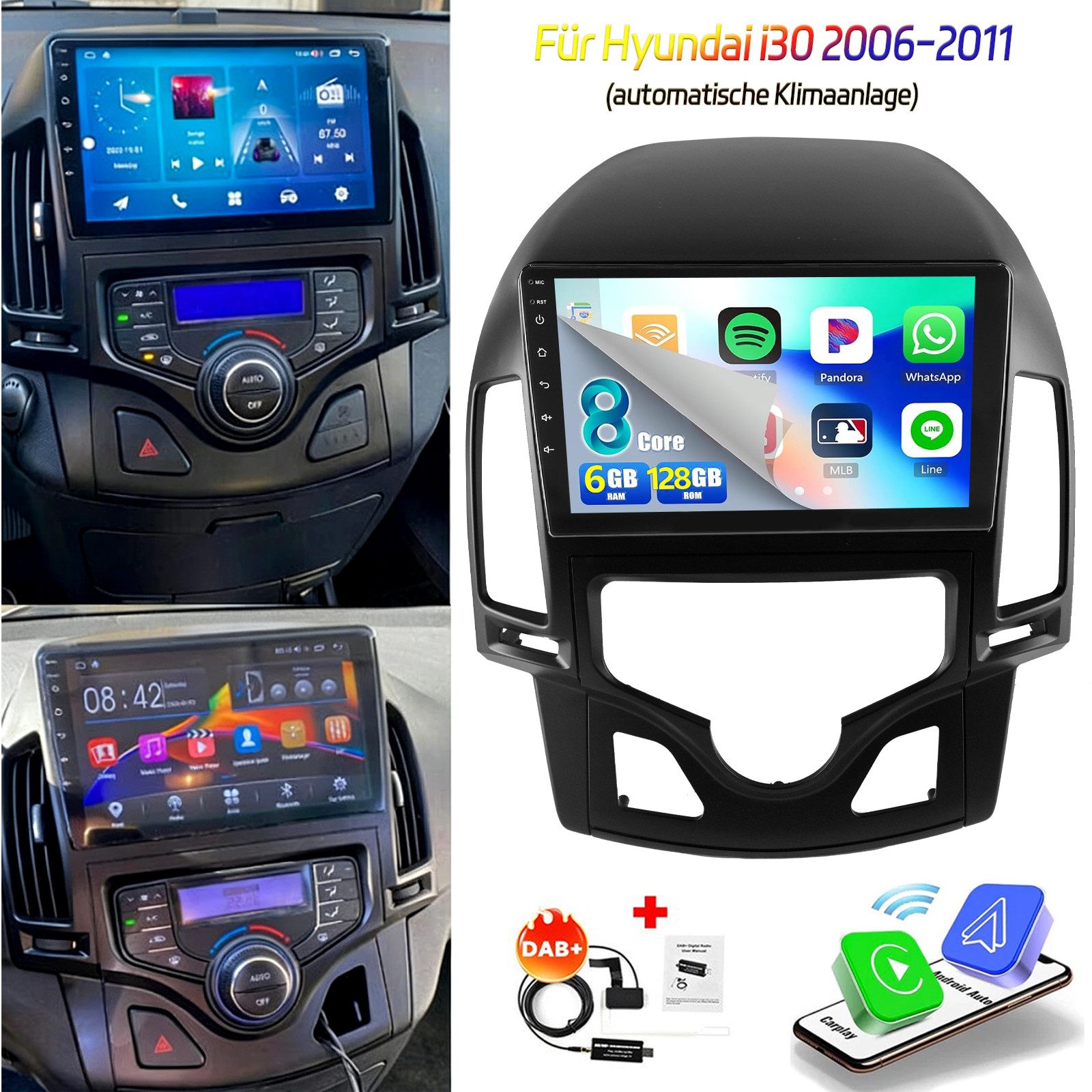 ESSGOO 9" Android 15 6+128G Für HYUNDAI i30 MK1 FD 2007-2011 Carplay GPS WIFI Autoradio (RDS, 6GB+128GB, 4G LTE, DAB (optional), FM, AM, DAB+ (optional), Carplay Android Auto Bluetooth EQ USB GPS Navi WIFI Touchscreen)