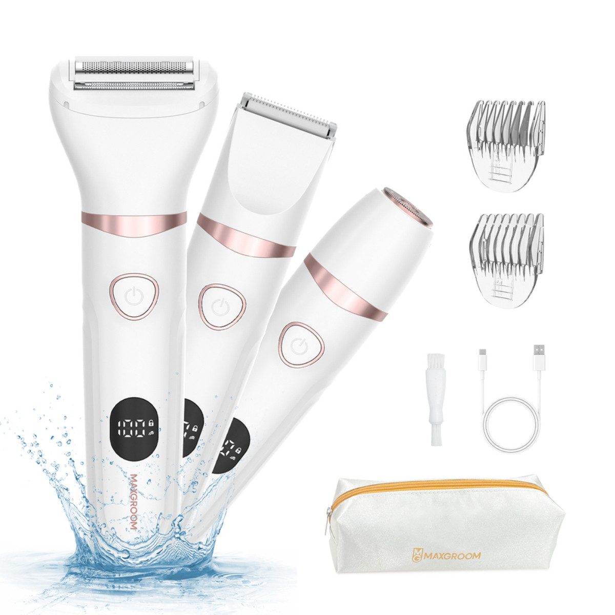 MAXGROOM Körper- und Bikinitrimmer JK-105, 3-in-1-Damentrimmer-Set für Körper, Gesicht und Bikinizone, 3-in-1-System mit IPX6-Schutz und LED-Display