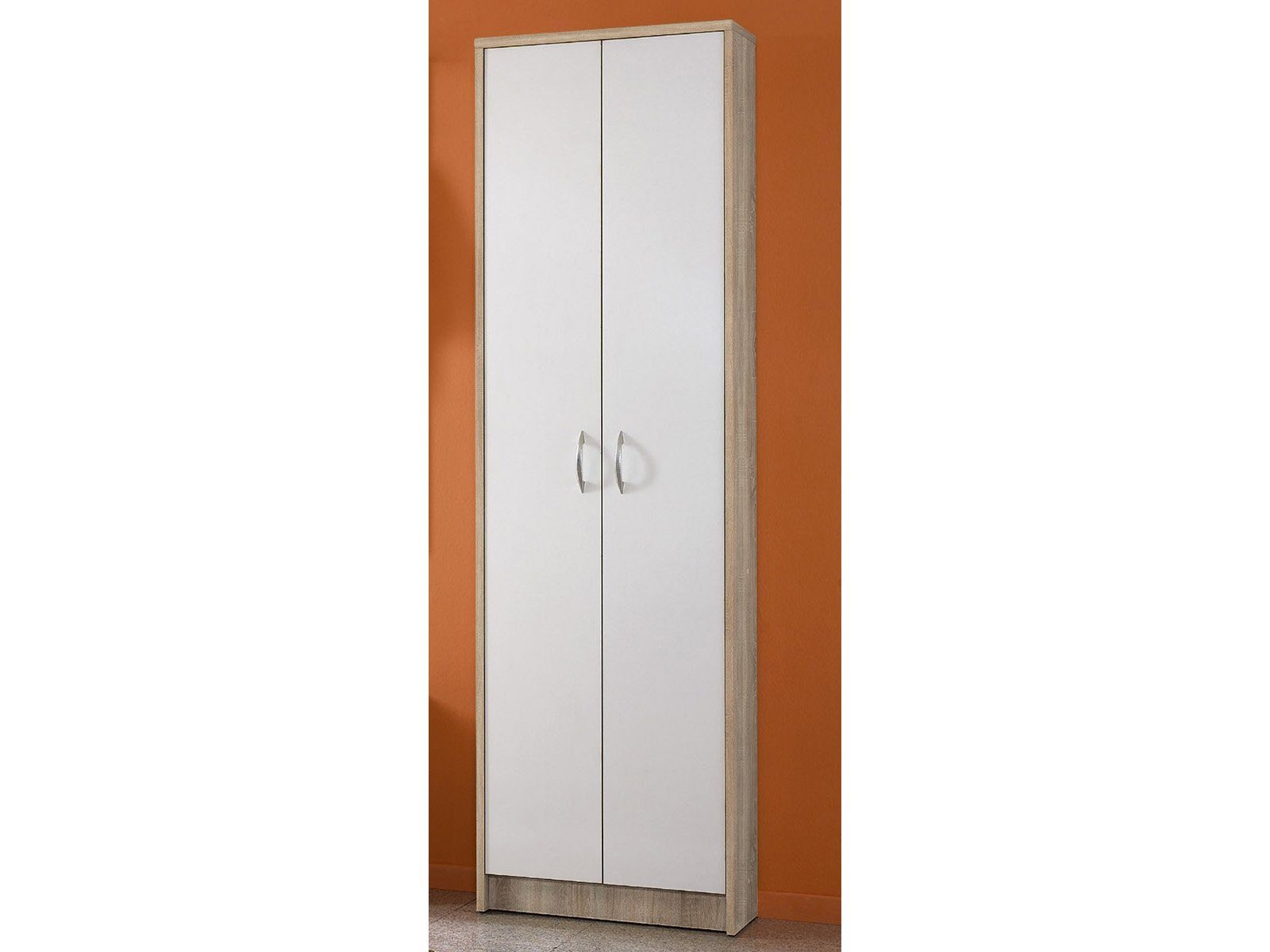 Garderobenschrank und in Tiefe cm cm, Nachbildung, Spanplatte, 1 Korpus 25 aus Höhe mit 3 möbelando Weiß Moderner Garderobenschrank Breite Einlegeböden. Front in 190 cm, 55 Selene Konstruktionsboden Sonoma-Eiche