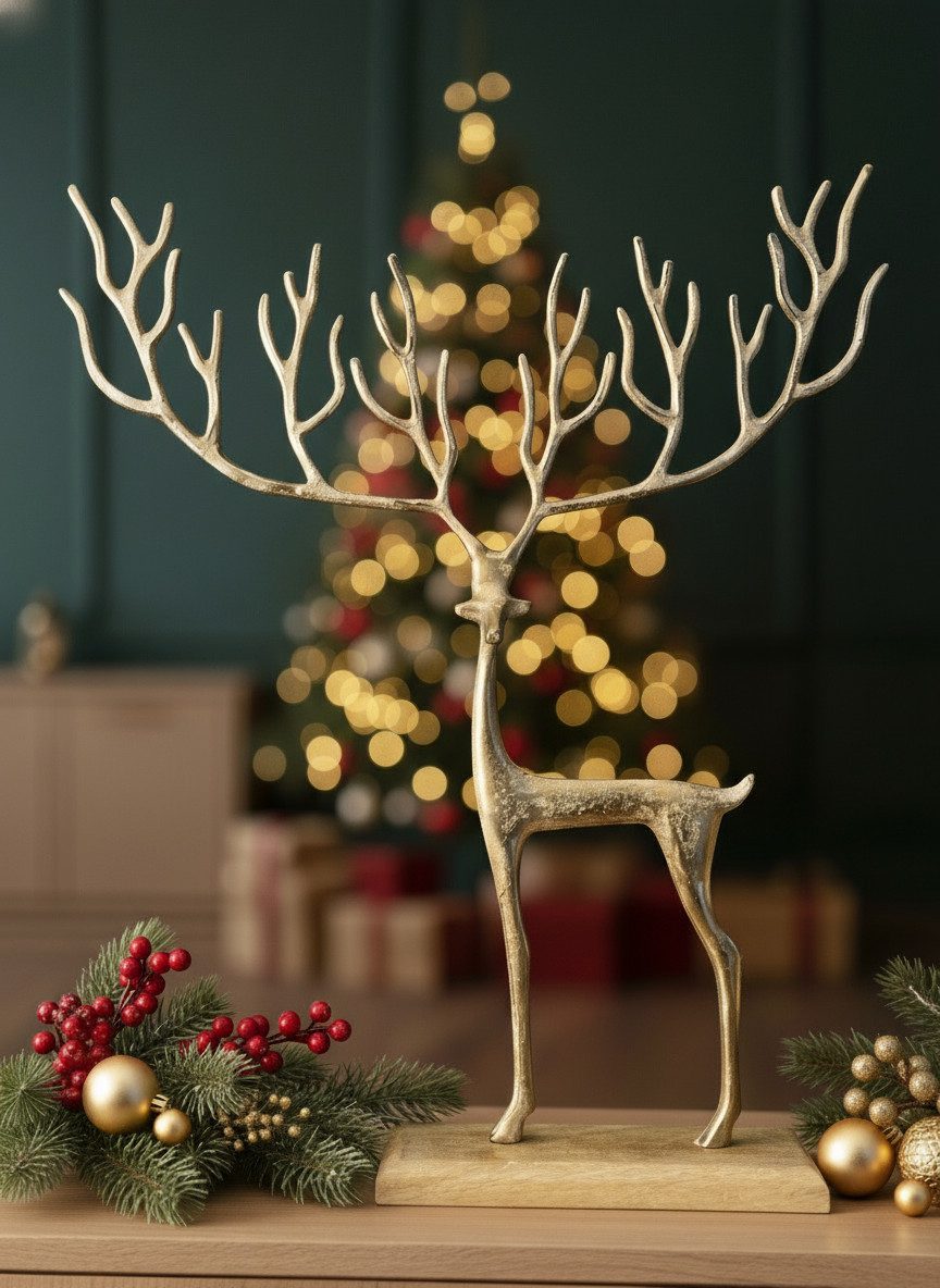 MF Skulptur Goldenes Rentier mit Grafischem Geweih Hirsch Weihnachtsdeko günstig online kaufen