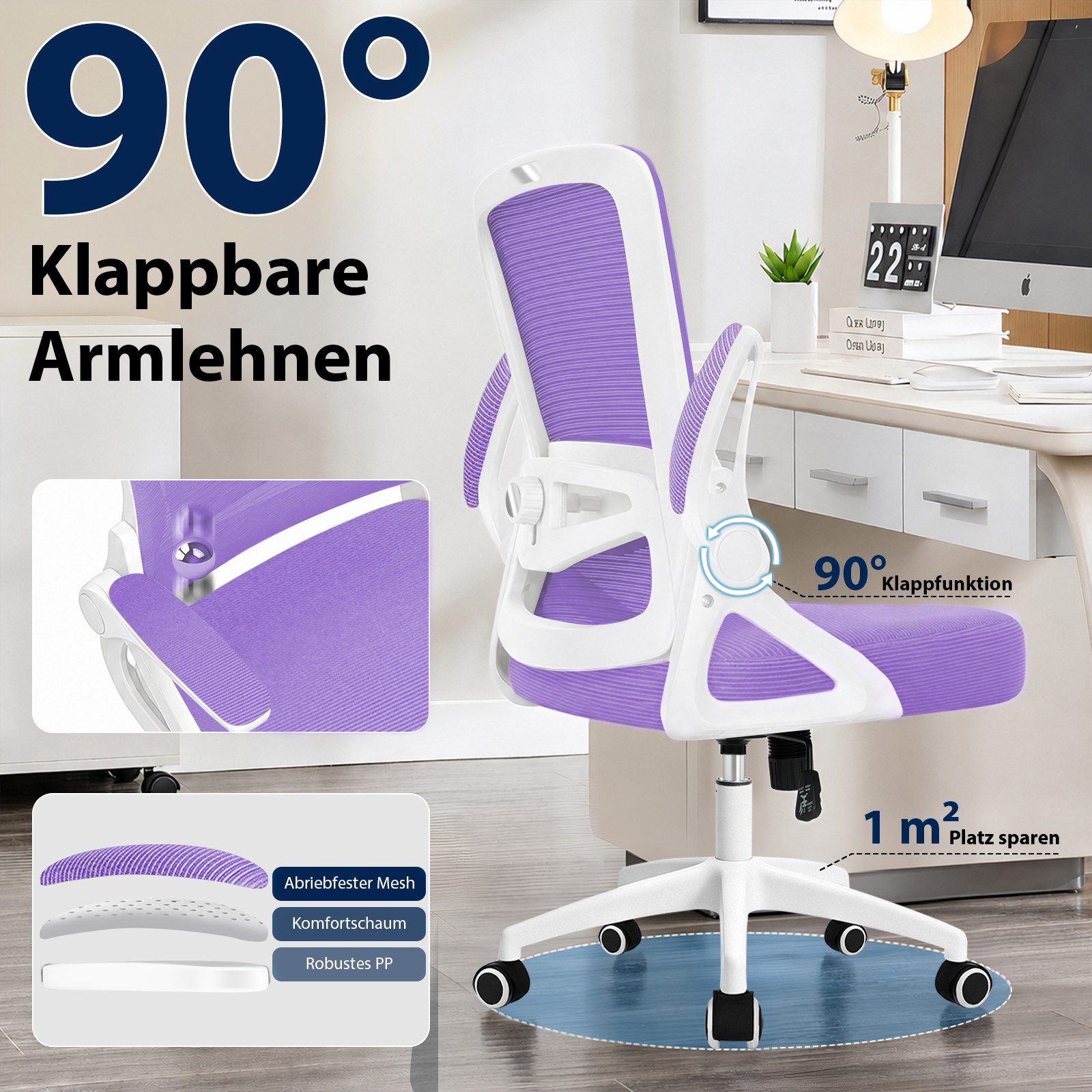 Hoolamyie Bürostuhl Schreibtischstuhl mit klappbaren Armlehnen & 2D-Lendenstütze (Atmungsaktiver Mesh-Rücken mit Lendenstütze, Wippfunktion, gepolsterten Klappa – Bild 5 von 5