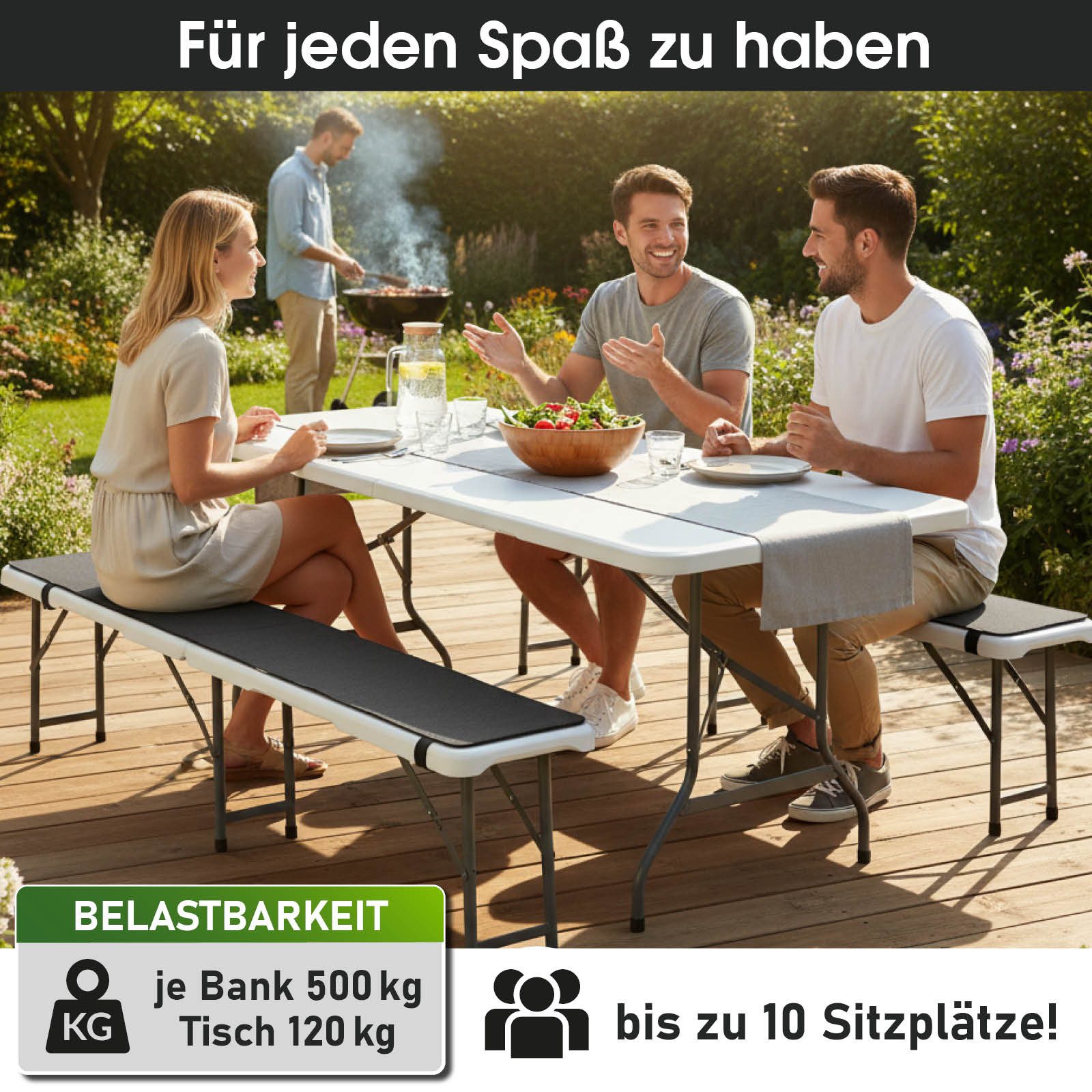 BRAST Bierzeltgarnitur Festzeltgarnitur Josef, 3er Set klappbar, inkl. Zubehör, (1x Tisch & 2x Sitzbänke, für bis zu 10 Personen), Einrastsystem & Tragegriffe