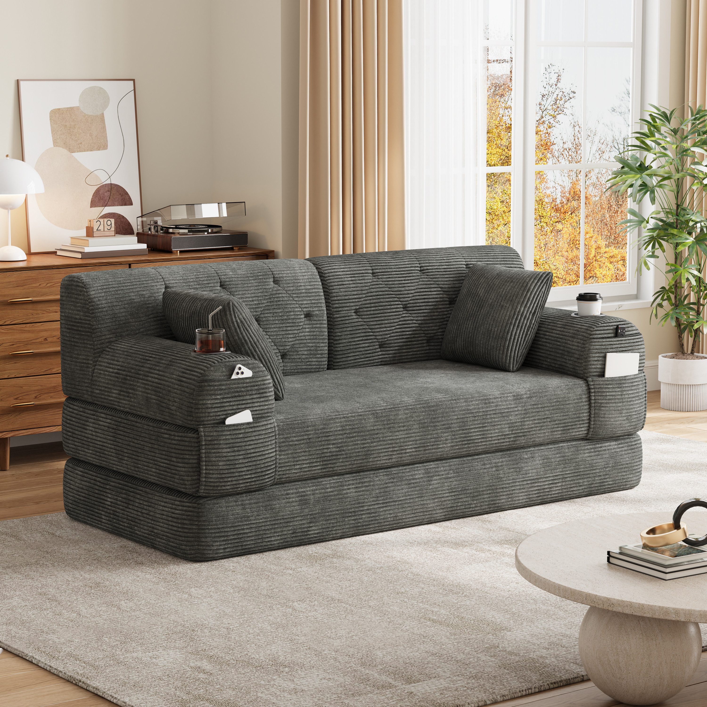 TavilaEcon 2-Sitzer Schlafsofa, komprimiertes Cord Sofa mit hoher Rückenlehne, 1 Teile, mit 2 Getränkehaltern & 4 Seitentaschen, für Wohnzimmer & kleine Räume