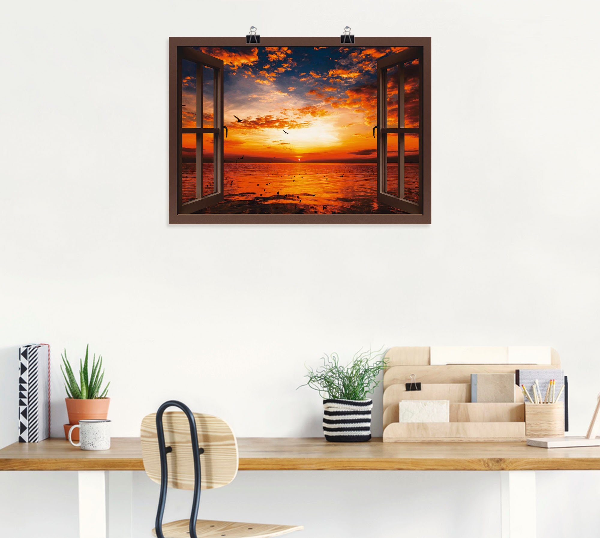 Artland Wandbild Fensterblick Sonnenuntergang am Leinwandbild, oder Poster in als St), (1 Strand, Wandaufkleber Fensterblick Größen versch