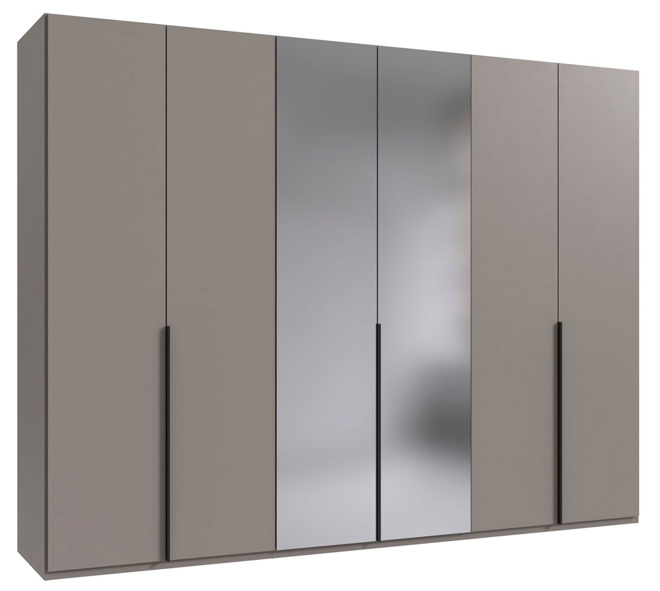 Wimex Drehtürenschrank Mugano (6-türig, 5 Einlegeböden, 3 Kleiderstangen, 1-St., moderne Optik, Metallgriffe in Schwarz, Spiegeltür) 270x58x208cm Saharagrau mit Spiegel