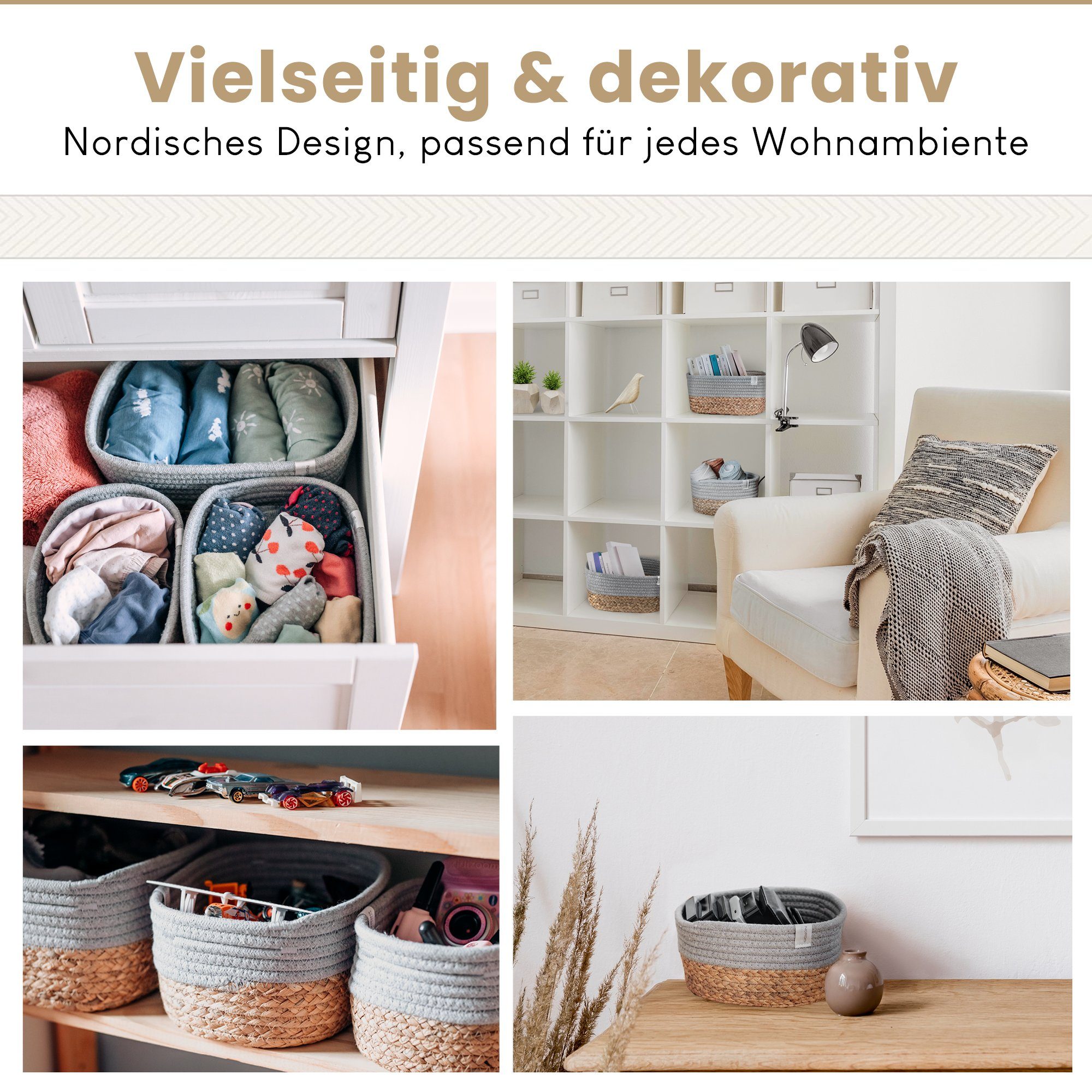 NORDIS DESIGN Aufbewahrungskorb Set "Alea" aus natürlicher Baumwolle und Wasserhyazinthe, (3er-Set), Dekokorb geflochten für Bad, Kinderzimmer und Schlafzimmer