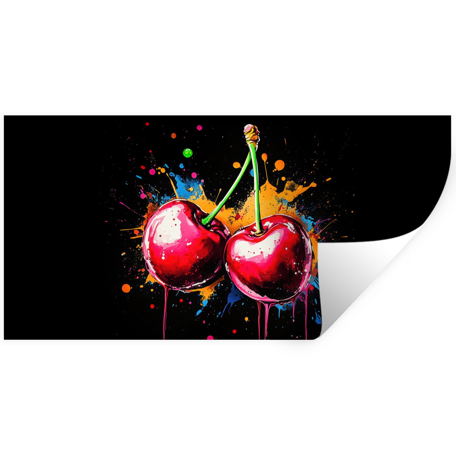 MuchoWow Wandsticker Kirschen - Obst - Graffiti - Farbe - Abstrakt - Modern - Farbenfroh (1 St), Wandtattoo, Repositionierbar, Selbstklebend, 40x20 cm