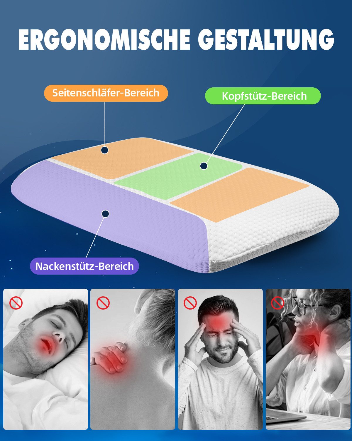 Esun Kopfkissen Orthopädische Ergonomisches Memory Foam Kissen, Nackenkissen, Kissen, Füllung: Rückstellschaum, Rückenschlafer, Bauchschlafer, Seitenschlafer, S – Bild 3 von 5