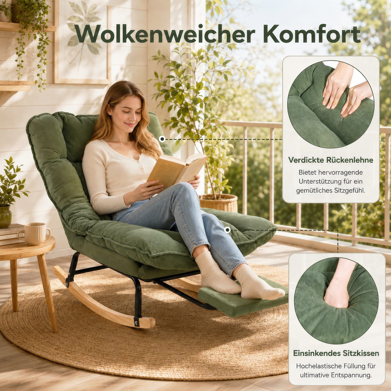 BlingBin Schaukelstuhl Schaukelsessel mit Fußstütze, Relaxsessel verstellbar in 3 Positionen (1er Set, Maximale Belastbarkeit: 120 kg, Gesamtmaße: 116 x 77 x 84 cm, 1 St), Schaukelstühle mit Breite Rückenlehne für Balkon, Wohnzimmer