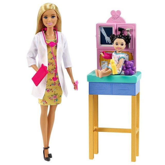 Mattel GmbH Stehpuppe »Barbie Kinderärztin Set Puppe mit Kind und Zubehör« (1-tlg), mit Kittel, Kleid, Schuhen, Stethoskop, Spritze und Klemmbrett