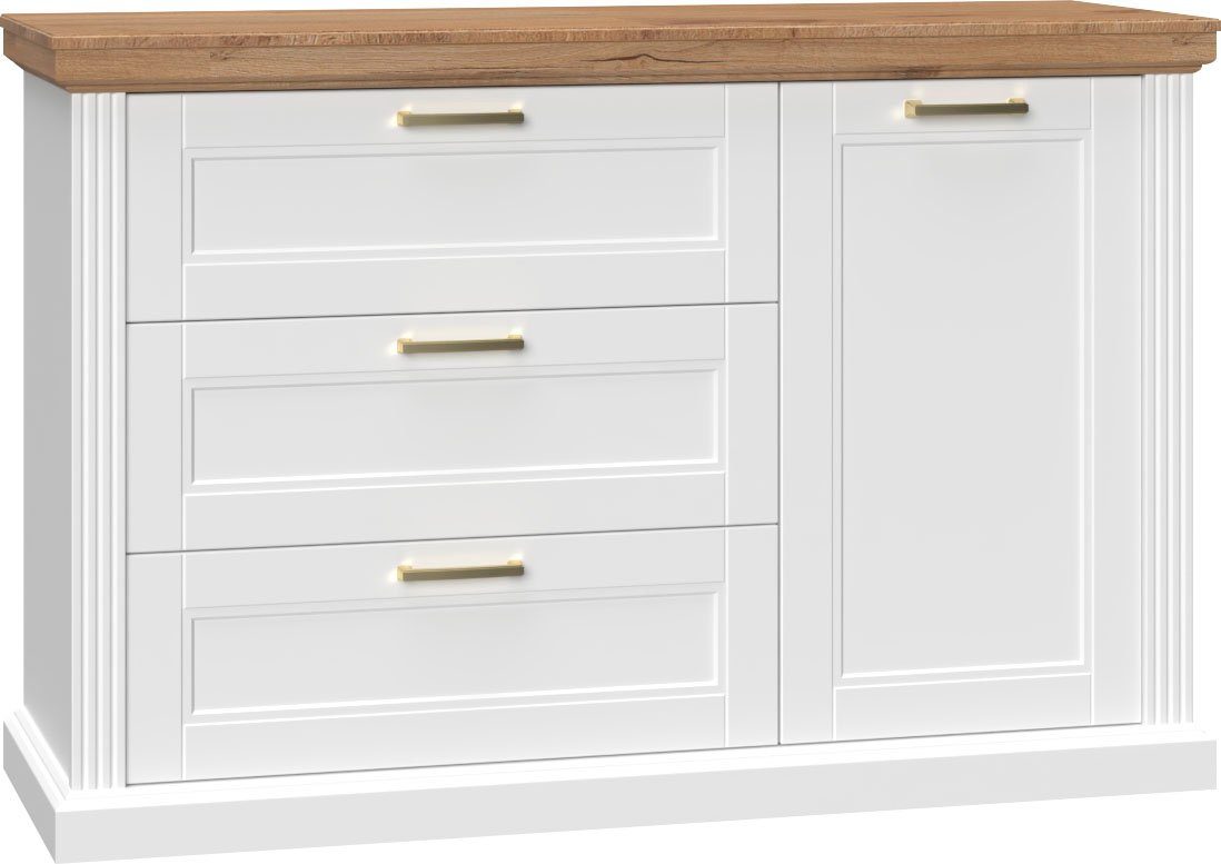Home affaire Sideboard Tara, Landhaus Kombikommode B/T/H: 138/48/91 cm, FSC®-zertifiziert (Soft-Close-Funktion, goldfarbene Metallgriffe, Innendekor Holzoptik), lackiert mit wasserbasiertem UV-Lack, unempfindlich und kratzfest