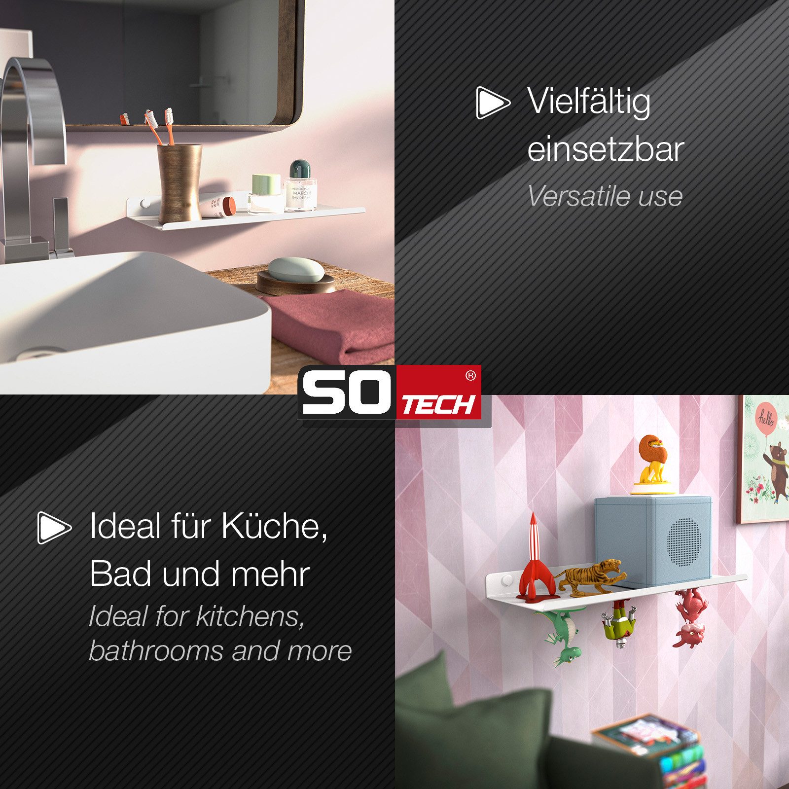 SO-TECH® Wandregal Schweberegal HOVER 35/45 x 13 x 3 cm inkl. Befestigungsset, 3-tlg., Wandmontage, für Bad Küche oder Wohnzimmer, Weiß – Bild 5 von 5
