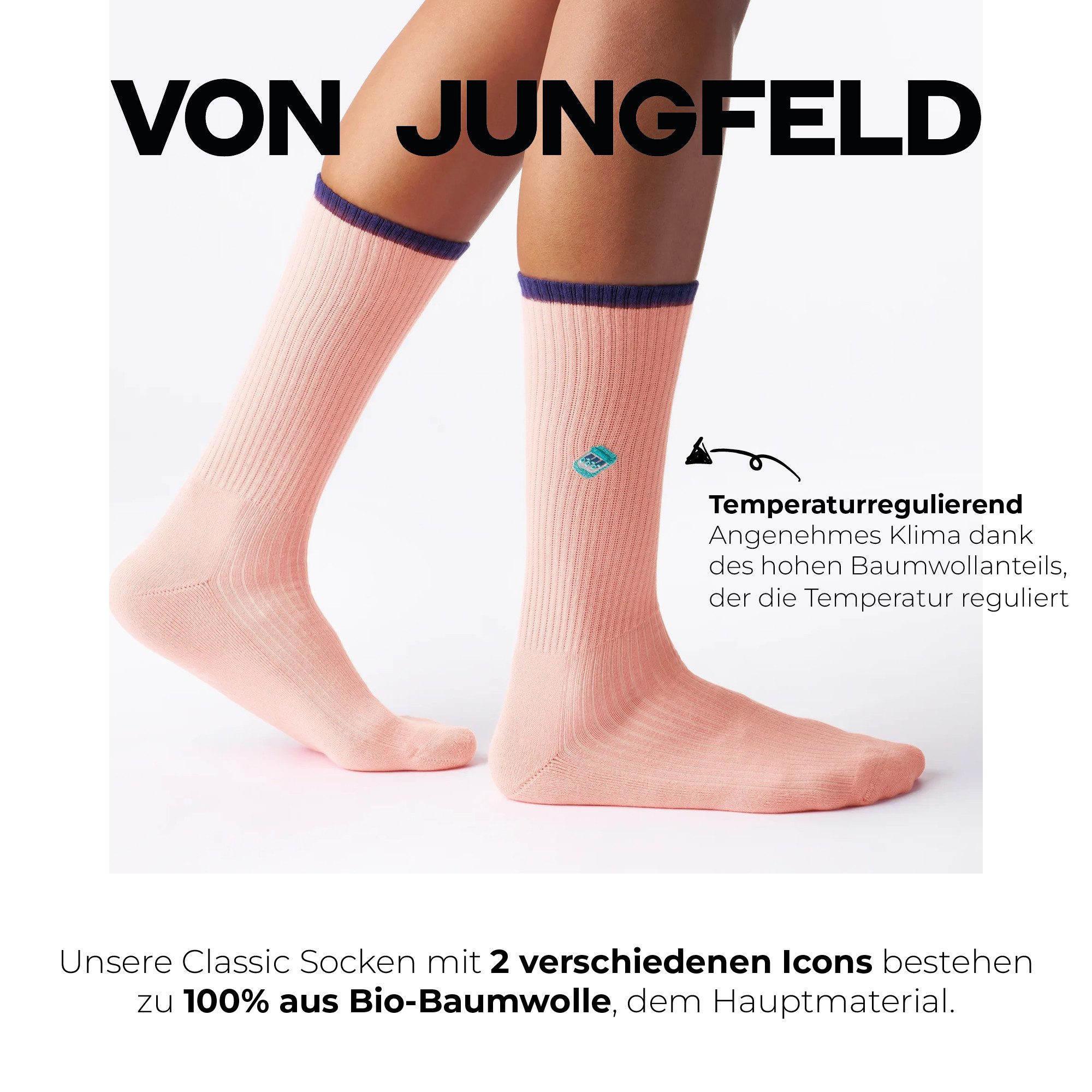 von Jungfeld Tennissocken Mix & Match Tennis Socken-Set Bio-Baumwolle 35-46 (2-Paar, 2er-Pack) Lange Sportsocken mit Stickmotiv aus Bio-Baumwolle