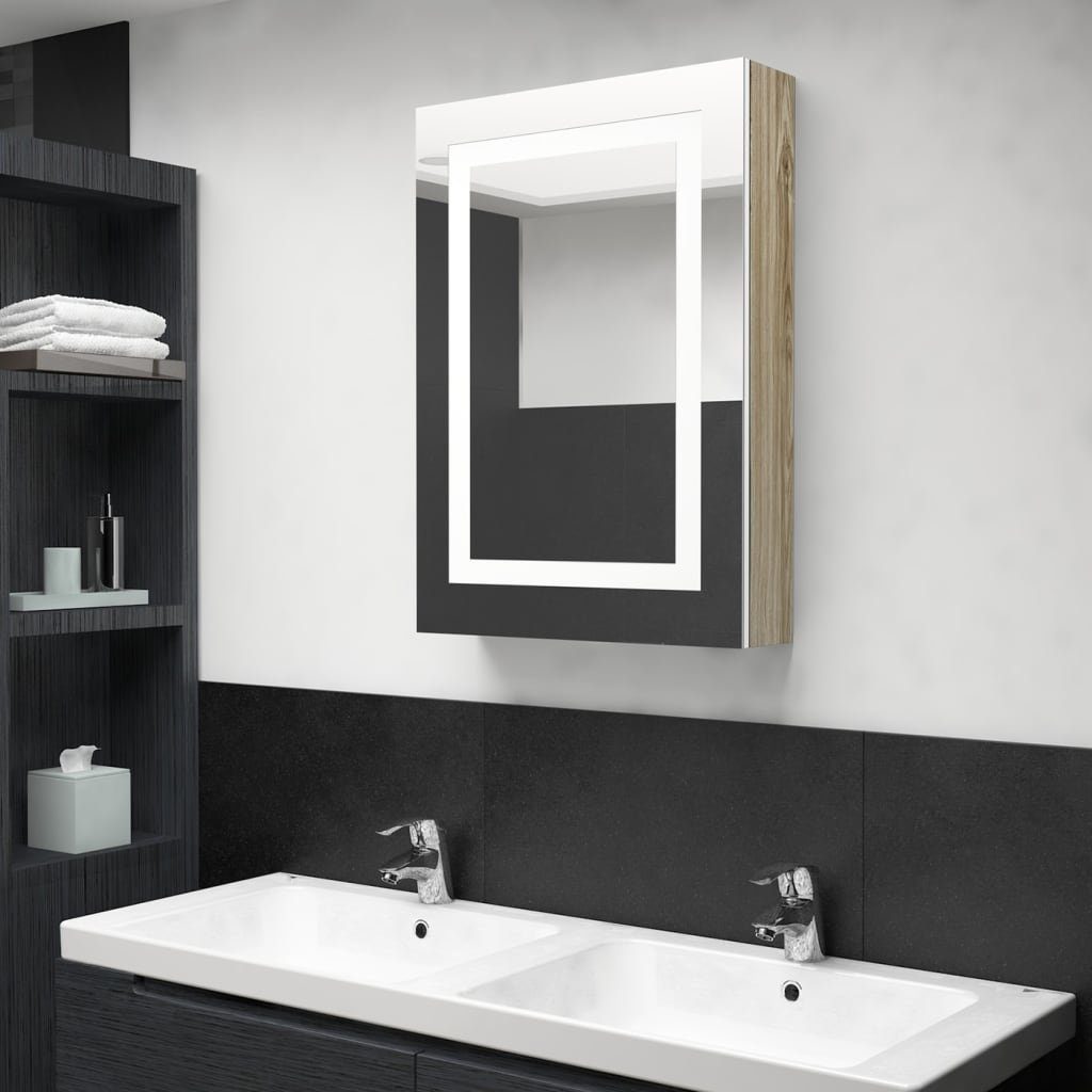 50x13x70 und Badezimmerspiegelschrank (1-St) fürs und vidaXL Eichefarben Eichen-Optik LED-Spiegelschrank Bad cm Weiß Weiß