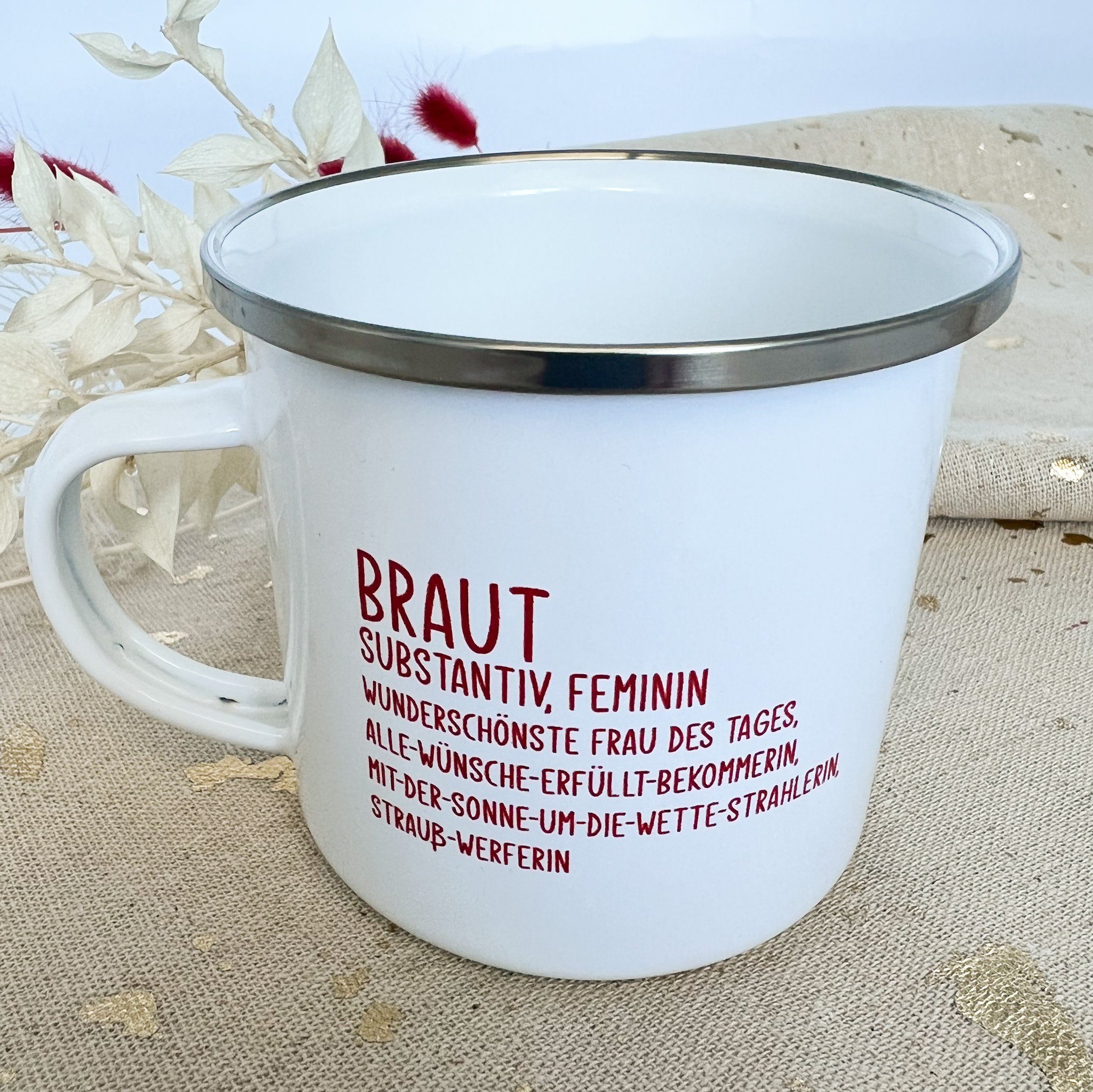 die Schöne für Becher Braut Geschenkidee Emaille Braut, shopandmarry Becher