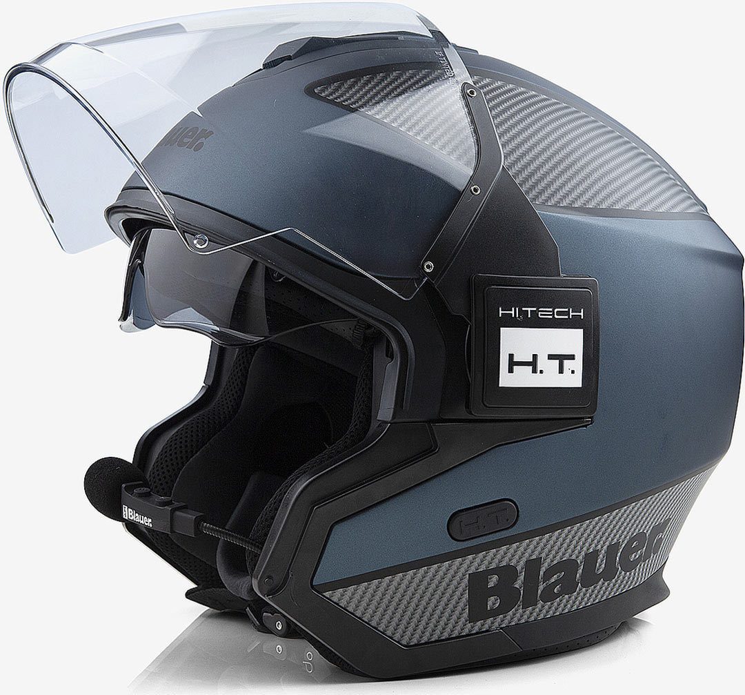 Blauer Motorradhelm Solo BTR Jethelm, vorbereitet für Kommunikationssystem,integriertes Sonnenvisier
