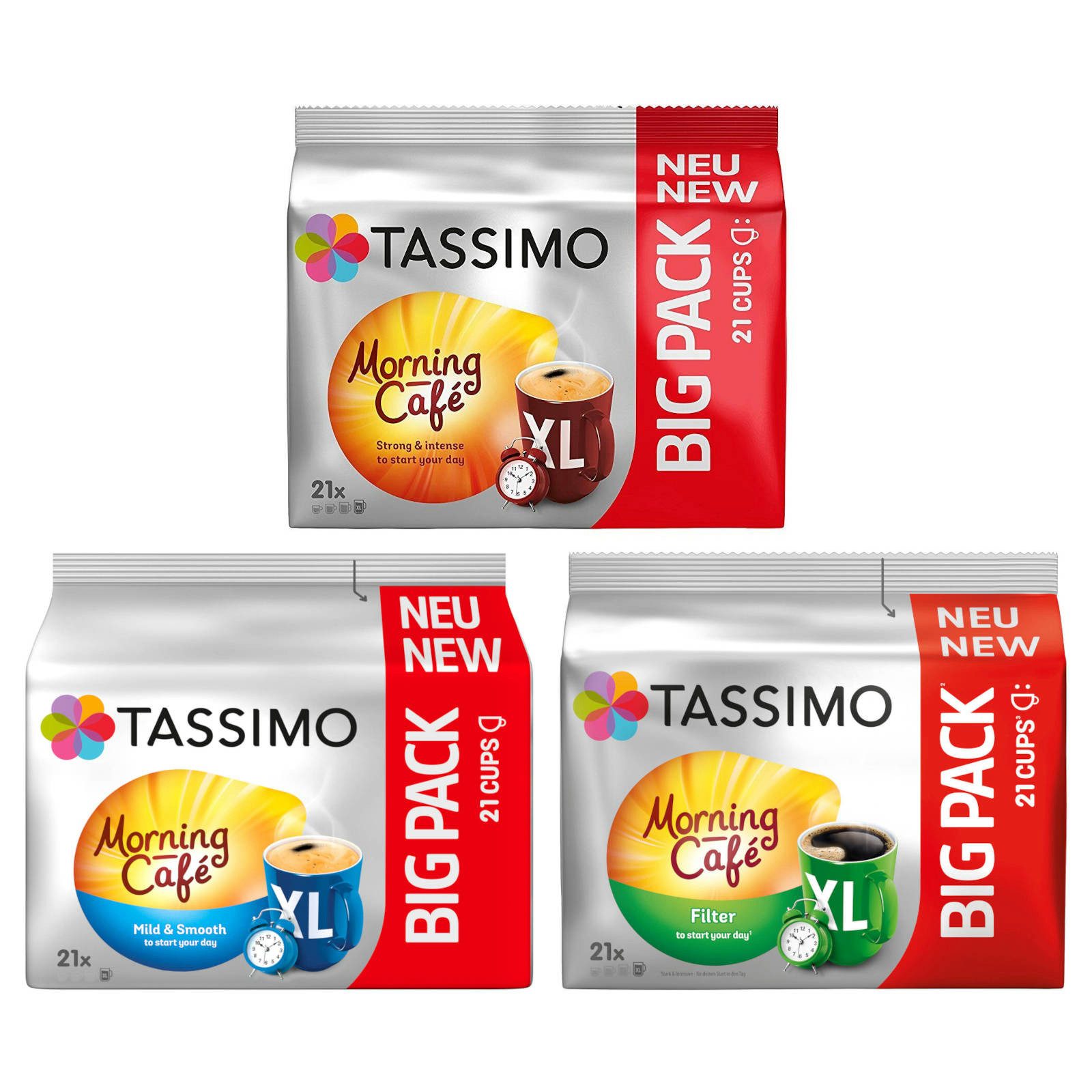 TASSIMO Kaffee Kapseln T-Discs Morning Café XL Big Packs Mix-Paket Filter Mild&Smooth, (Packung, 3er Pack)