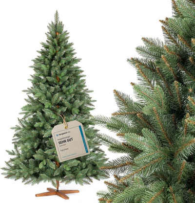 Fairytrees Künstlicher Weihnachtsbaum FT29, Nordmanntanne Premium, mit braunem Stamm und Echtholz Baumständer