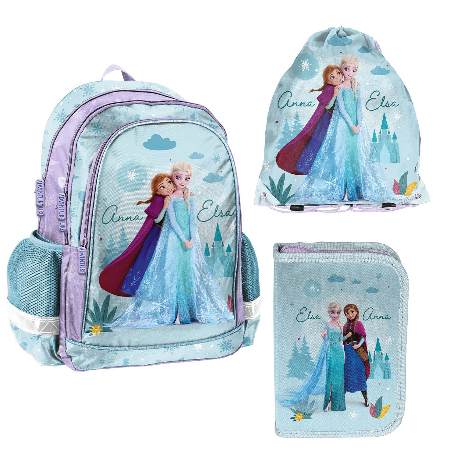PASO Schulrucksack Frozen - Die Eiskönigin Schulset: Rucksack, Federmäppchen, Tasche (3-tlg), Federmäppchen mit Zubehör, Schuhbeutel