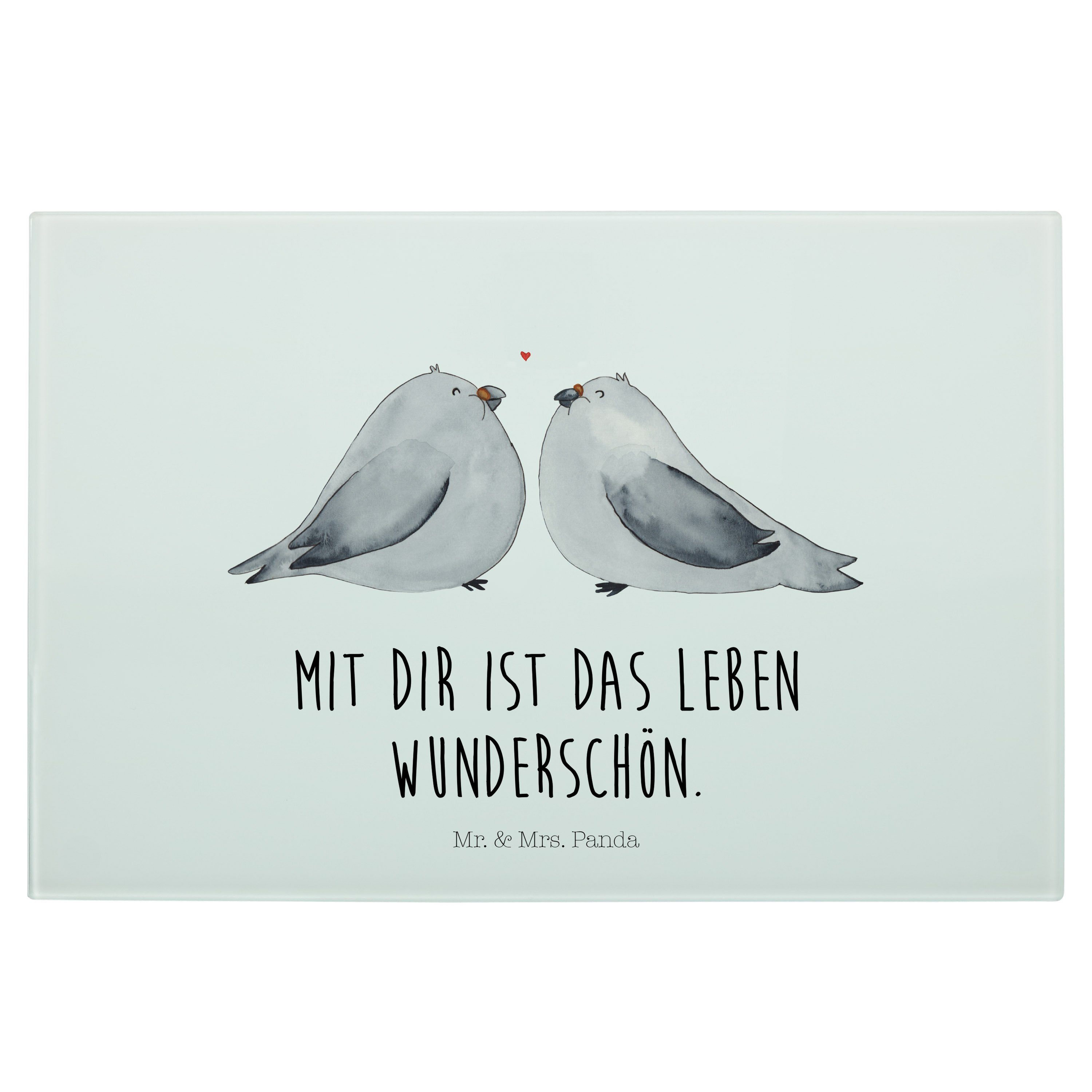 Mr. & Mrs. Panda Servierbrett Turteltauben Liebe - Weiß - Geschenk, Freund, Glasschneidebrett, Jahr, Premium Glas, (1-St)