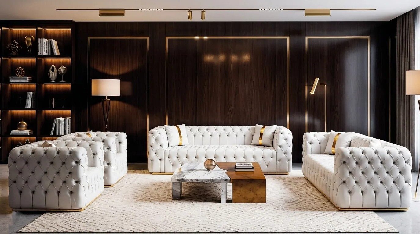 Xlmoebel Chesterfield-Sofa Elegantes weißes Chesterfield Sofa Set mit 3-Sitzern und Sesseln, 4 Teile, Made in Europa