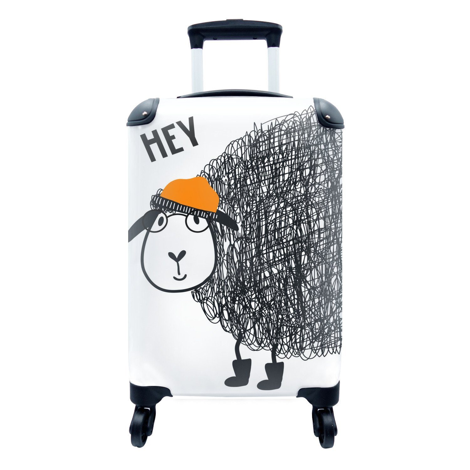 MuchoWow Handgepäckkoffer Illustration für Kinder mit dem Zitat 'Hey' und einem Schaf, 4 Rollen, Reisetasche mit rollen, Handgepäck für Ferien, Trolley, Reisekoffer