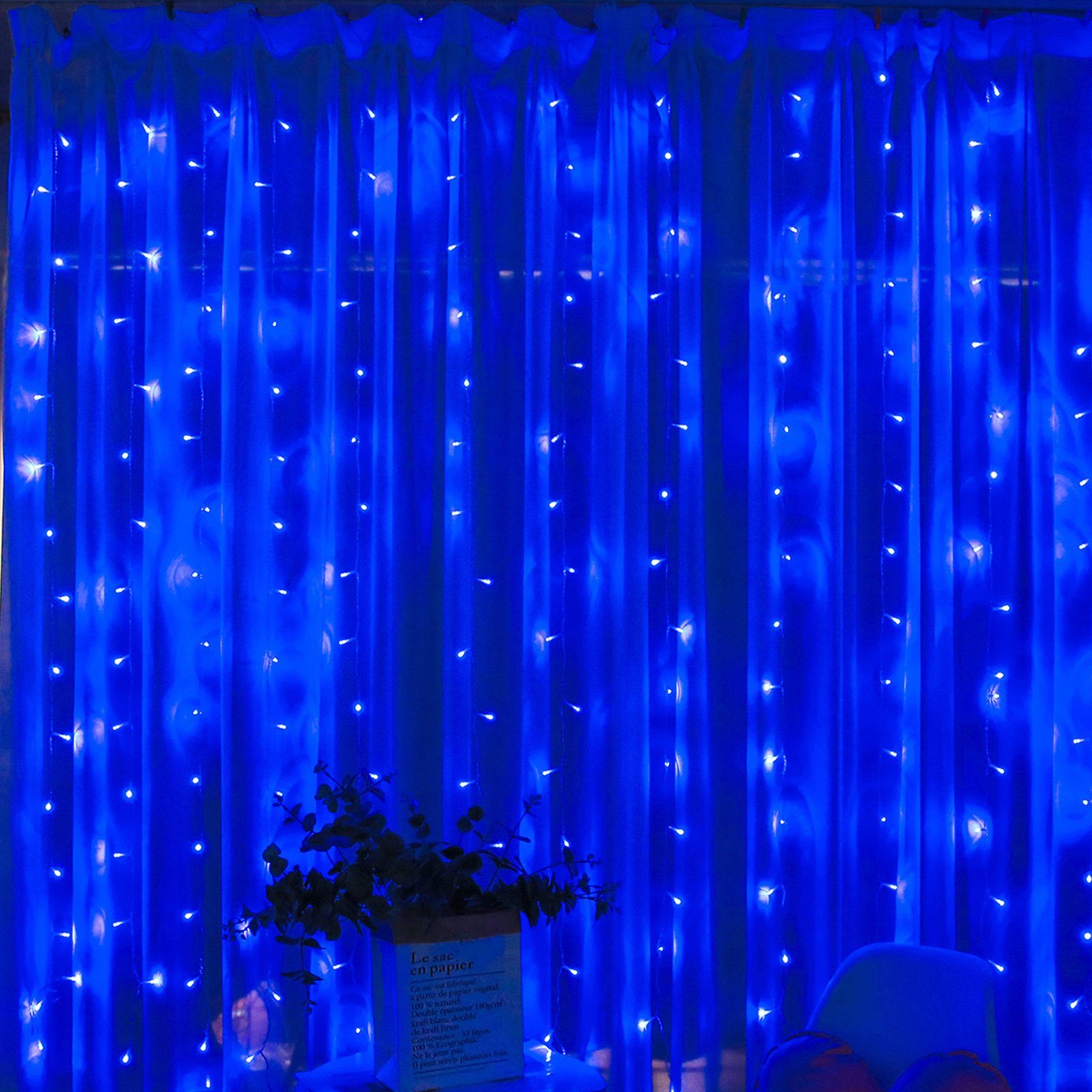 Rosnek LED-Lichtervorhang Blau Schlafzimmer 2x2M, Weihnachten für Fenster wasserdicht, USB, Deko Wand
