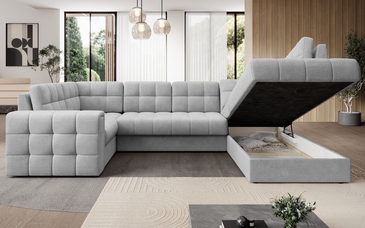 Lukas Möbel Wohnlandschaft Wohnlandschaft Belvis Ecksofa in U-Form, mit Bettfunktion, Bettkasten, Rückseite bezogen