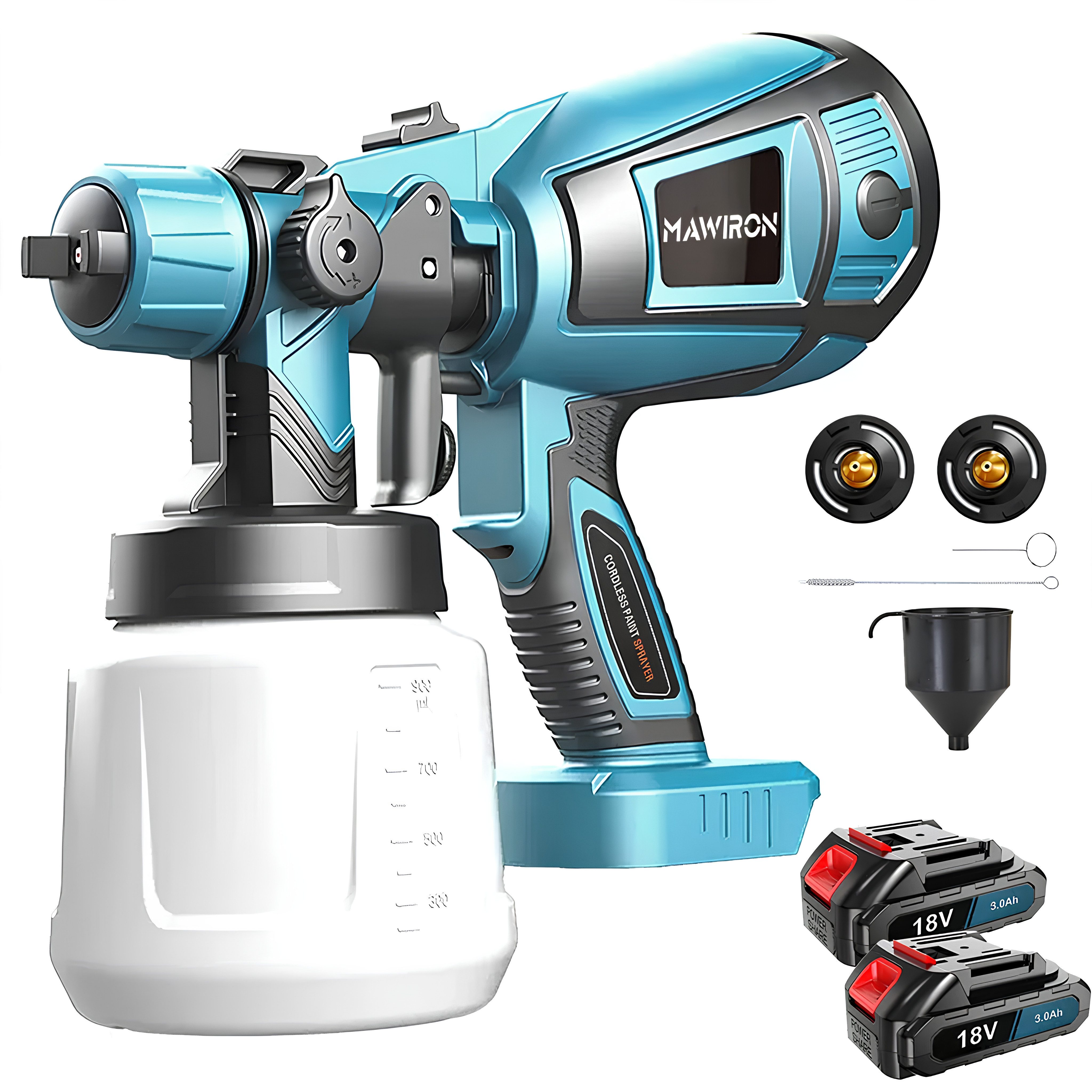 Athlix Farbsprühpistole Farbsprühpistole Akku Farbspritzpistole mit 2 Akkus Farbpistole, Innen und Außen, kompatibel mit Makita-Akkus, inkl. 3 Düsen, 800ml/Min