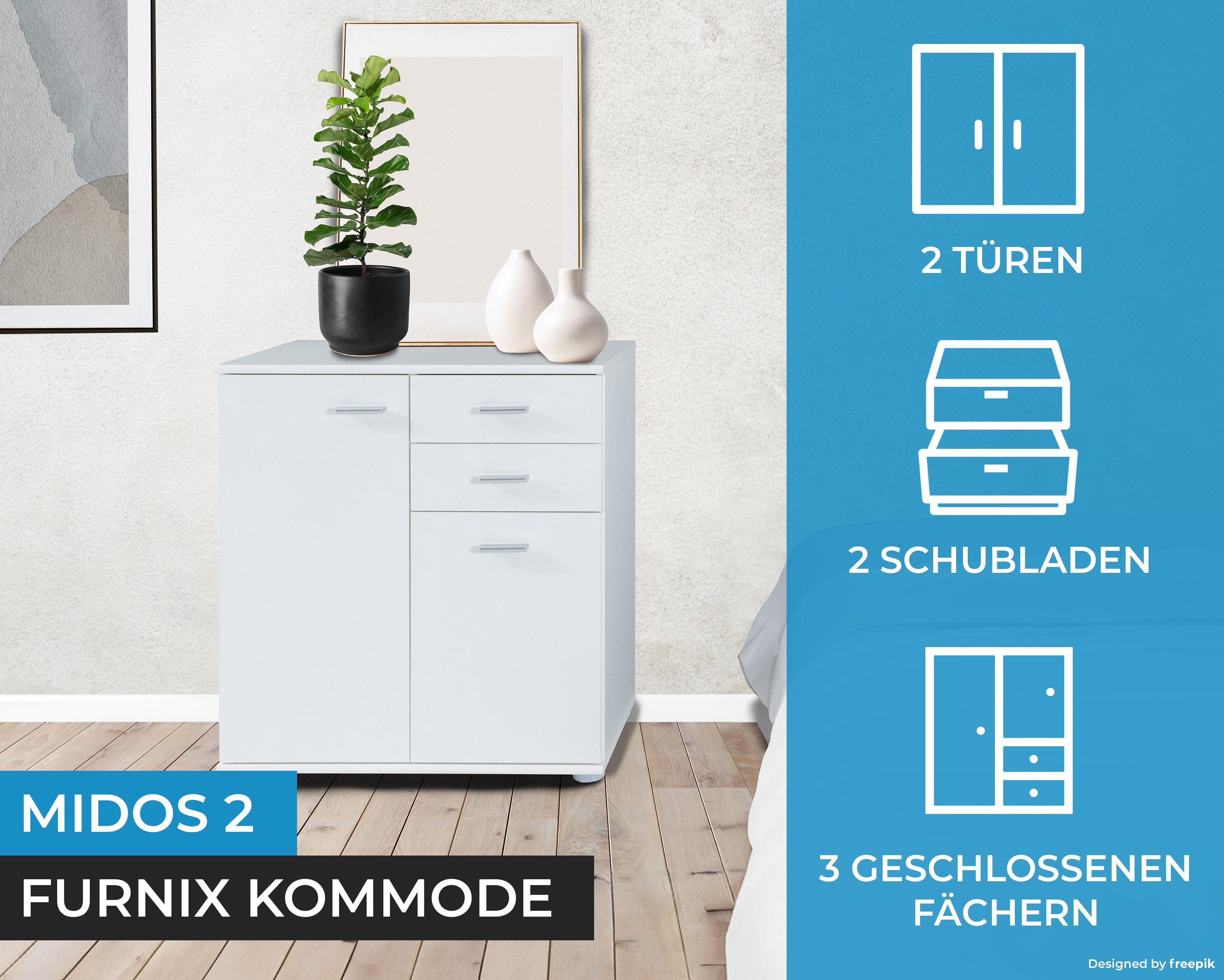 Furnix Kommode x x H75 2, klassischer cm MIDOS B71 Schubladen, 2 Türen Weiß Schrank T35 2 und multifunktionaler mit