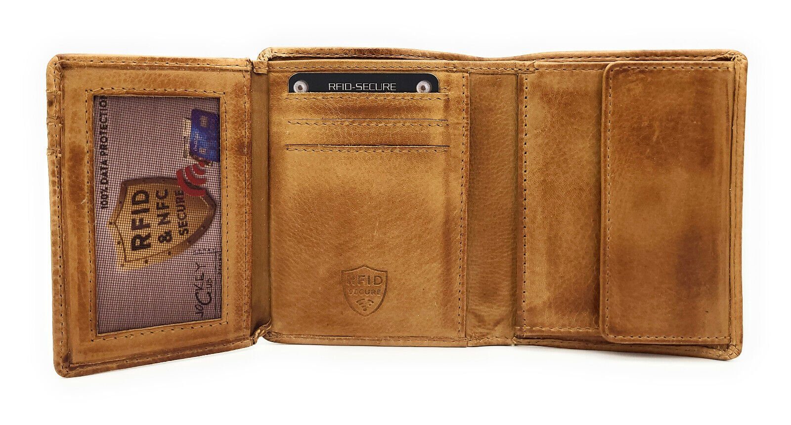 JOCKEY CLUB Mini Geldbörse echt Leder Portemonnaie Midi mit RFID Schutz, Vintage, gewachstes Rindleder, cognacbraun