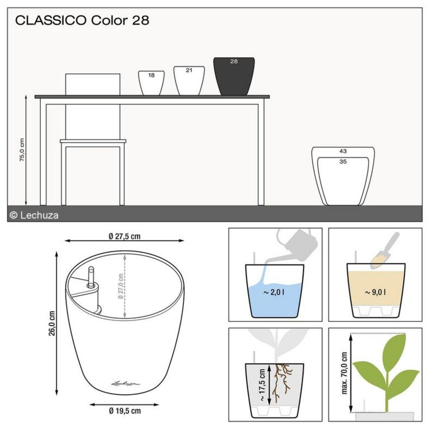 Lechuza® Pflanzkübel Classico Color 28 weiß (Komplettset)